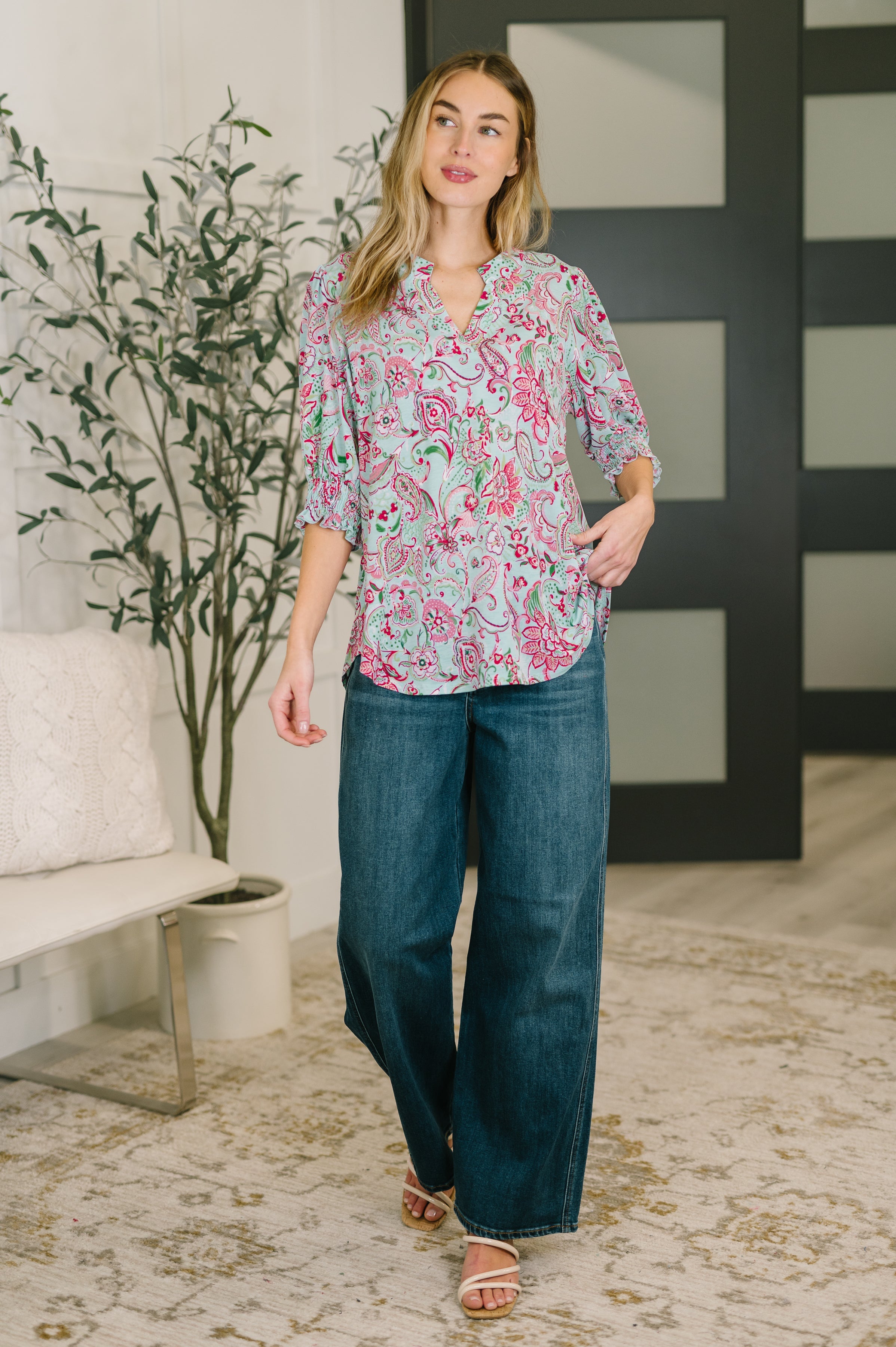 Lizzy Smock Top in Mint and Pink Floral Paisley Blouse Ave Shops- Tilden Co.