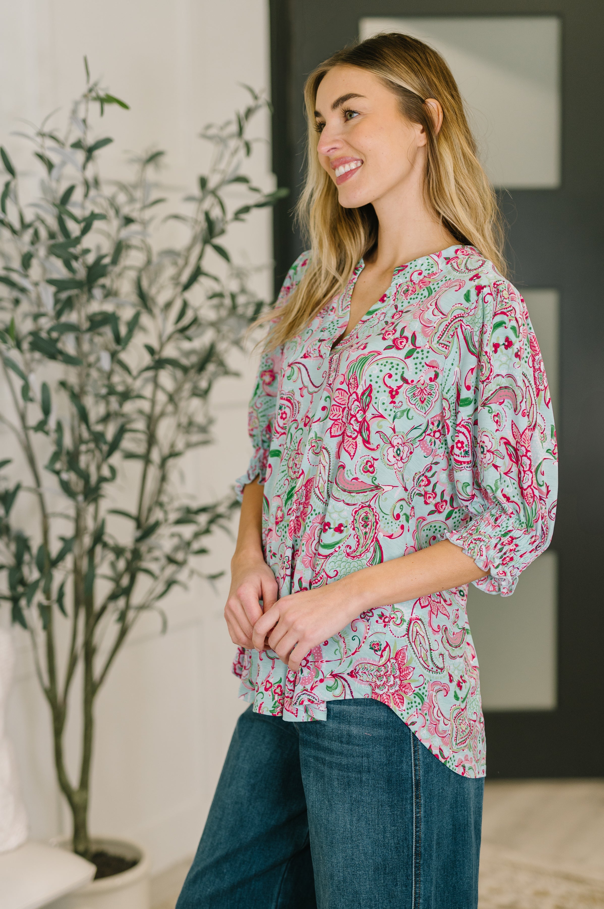 Lizzy Smock Top in Mint and Pink Floral Paisley Blouse Ave Shops- Tilden Co.