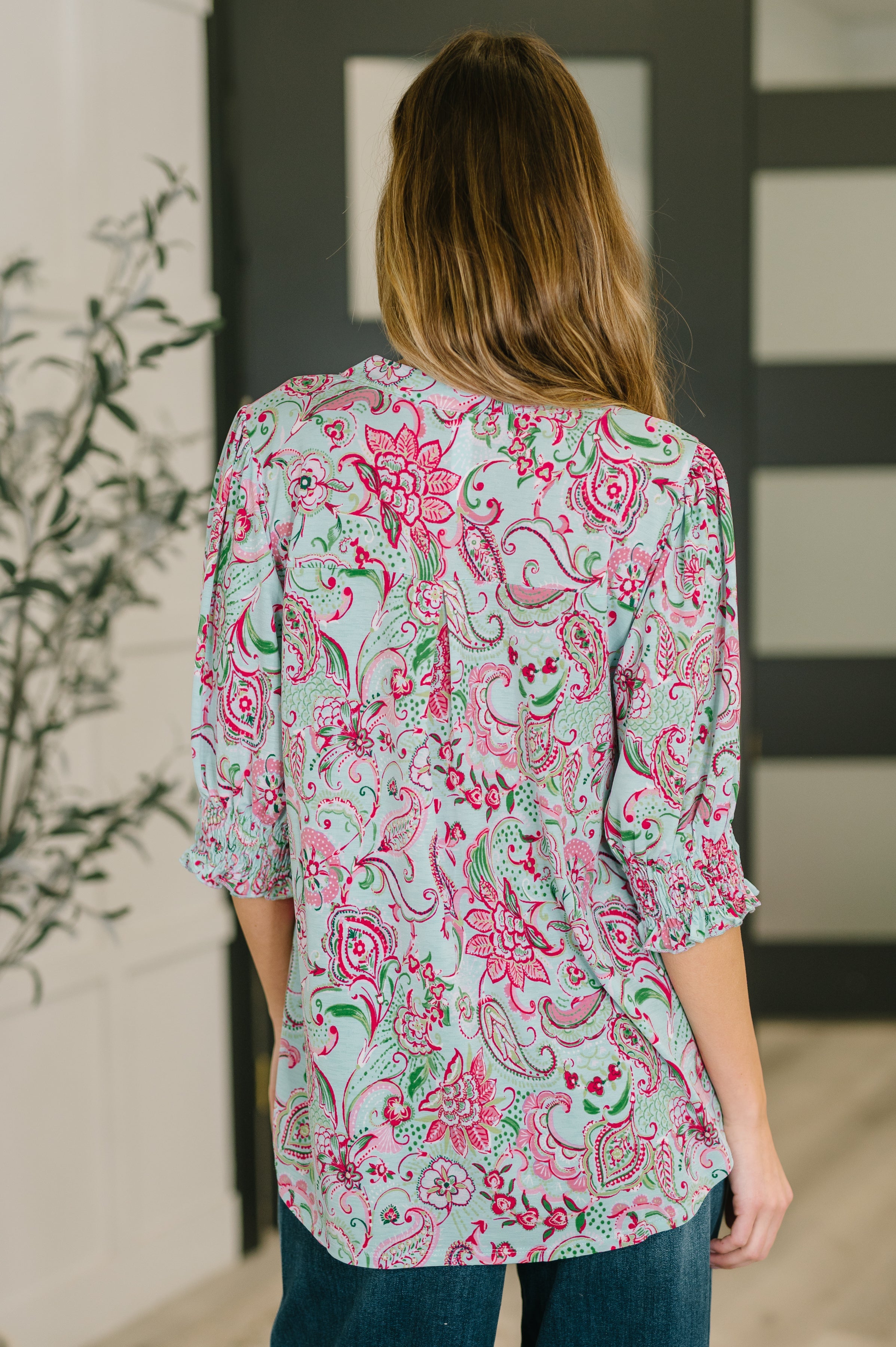 Lizzy Smock Top in Mint and Pink Floral Paisley Blouse Ave Shops- Tilden Co.