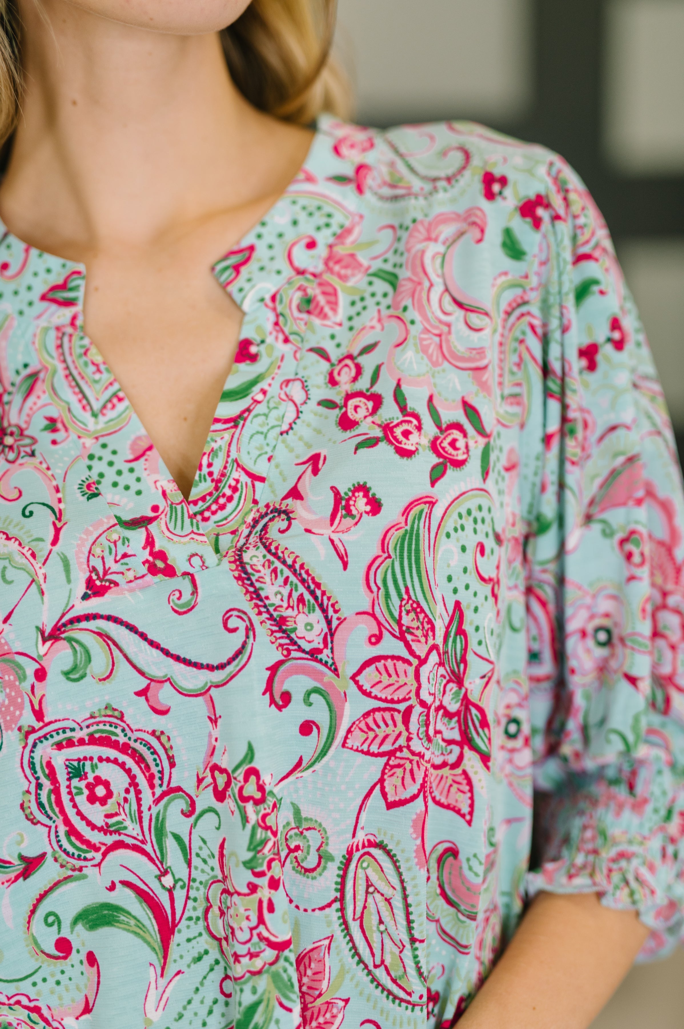 Lizzy Smock Top in Mint and Pink Floral Paisley Blouse Ave Shops- Tilden Co.