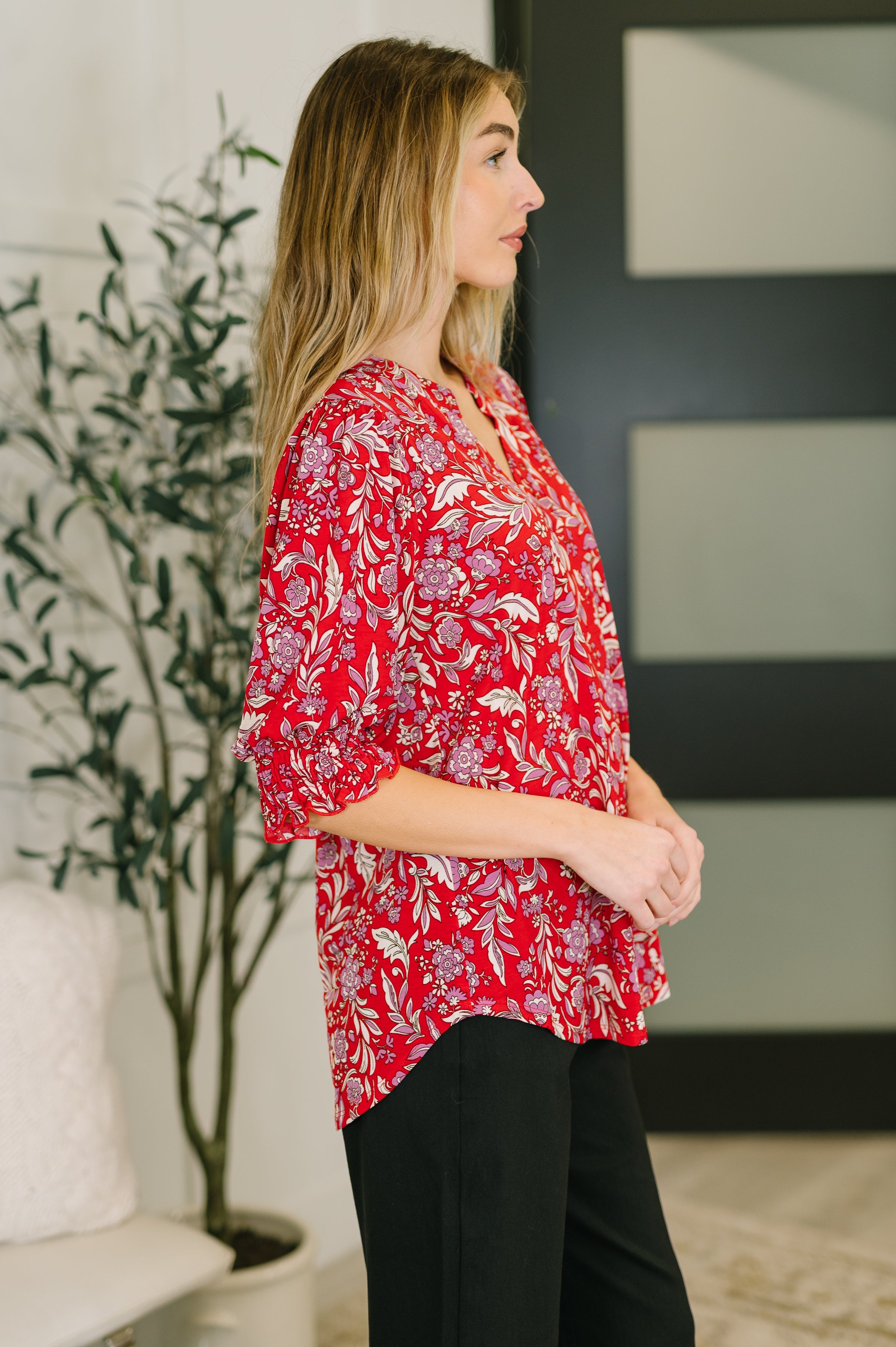 Lizzy Smock Top in Red and Pink Floral Blouse Ave Shops- Tilden Co.