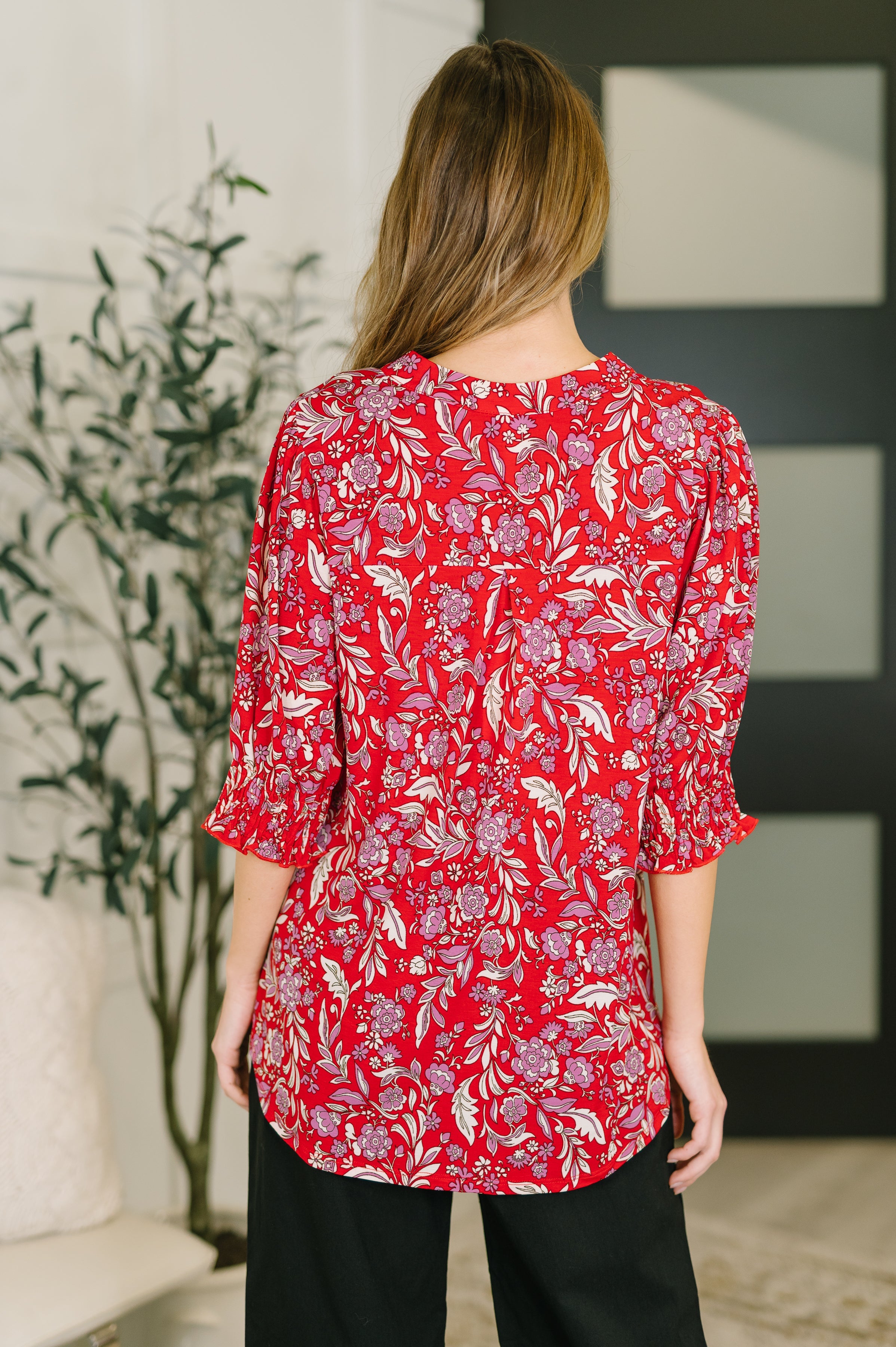 Lizzy Smock Top in Red and Pink Floral Blouse Ave Shops- Tilden Co.