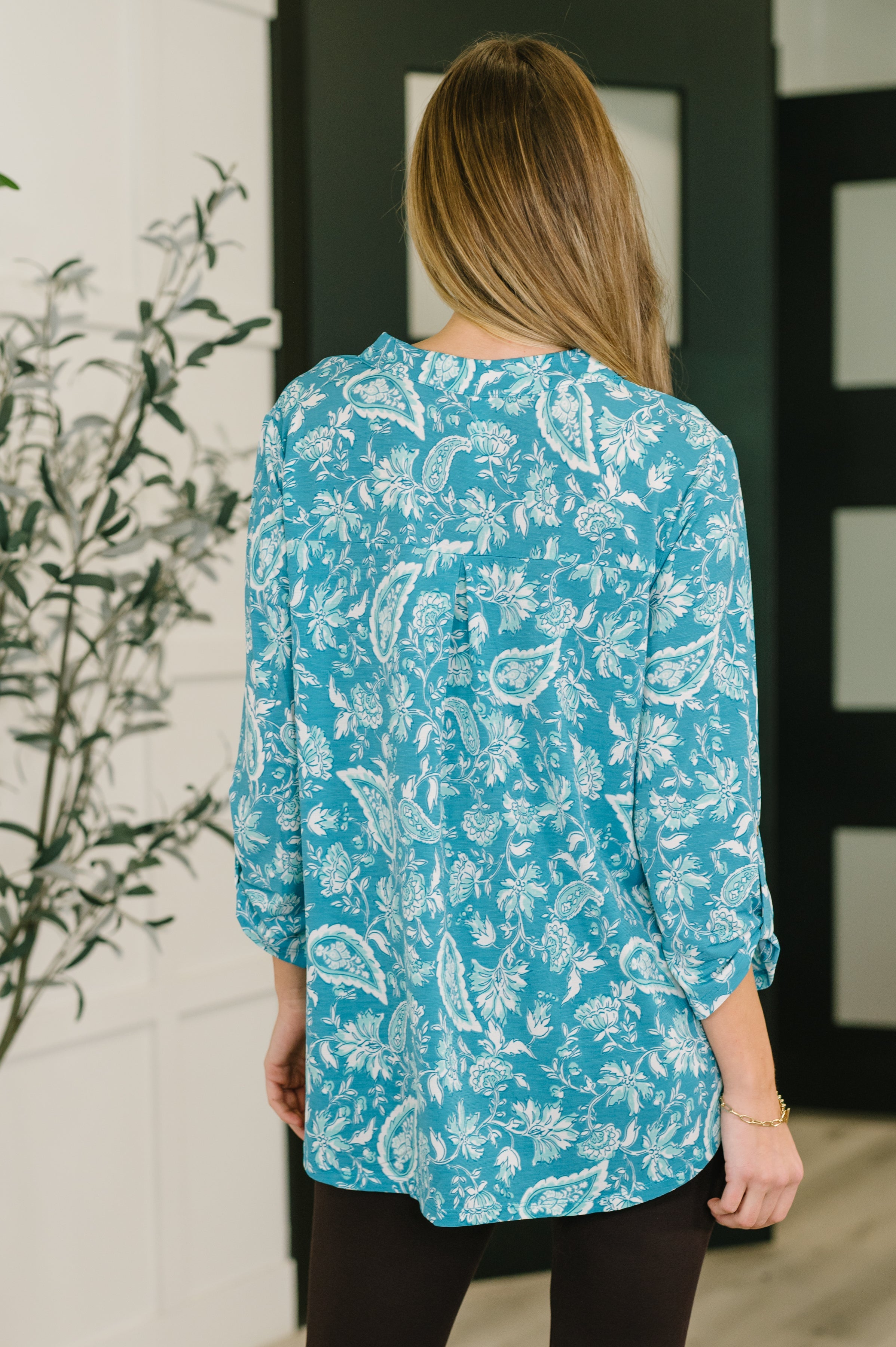 Lizzy Top in Aqua Paisley Blouse Ave Shops- Tilden Co.
