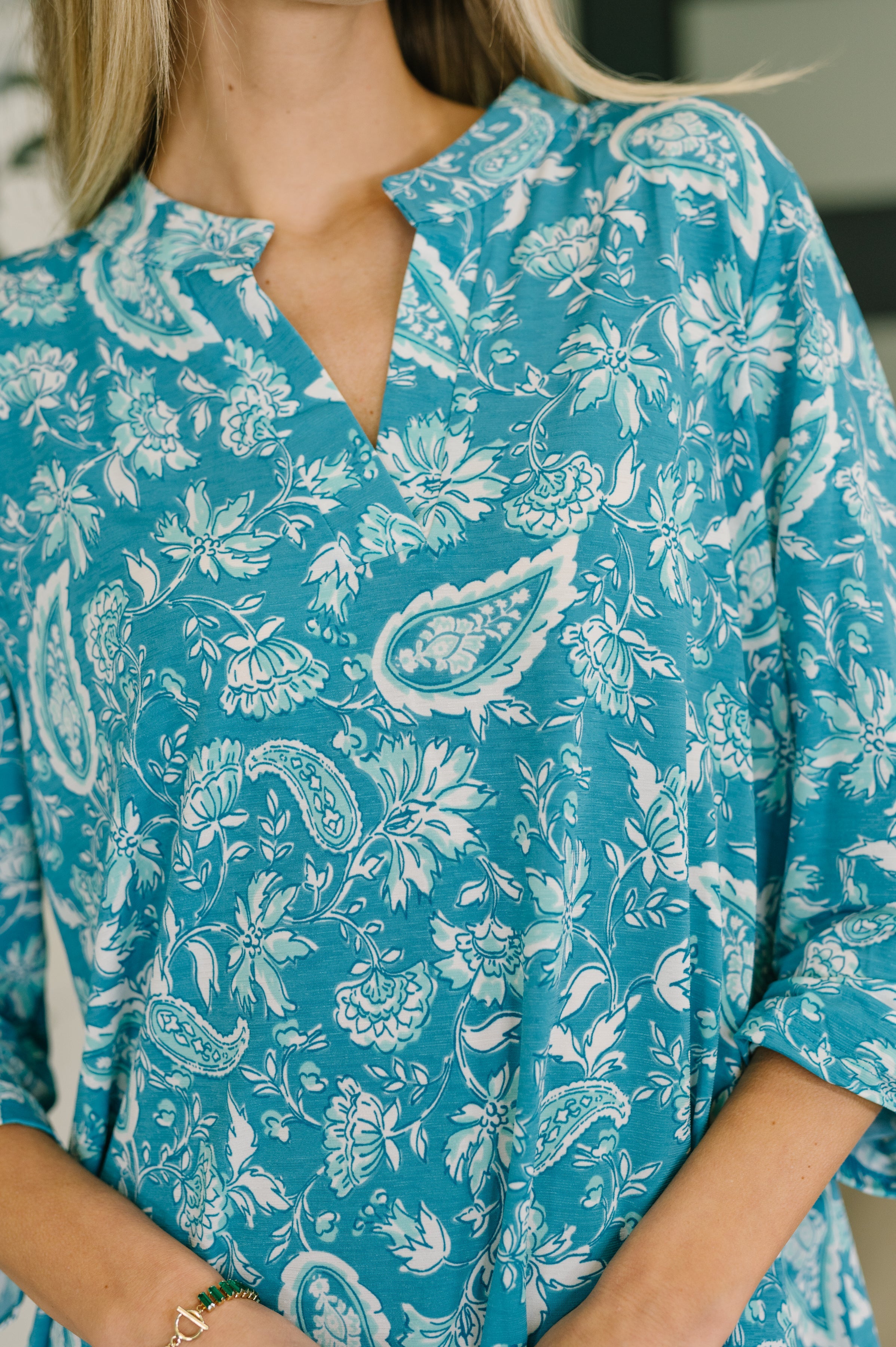 Lizzy Top in Aqua Paisley Blouse Ave Shops- Tilden Co.