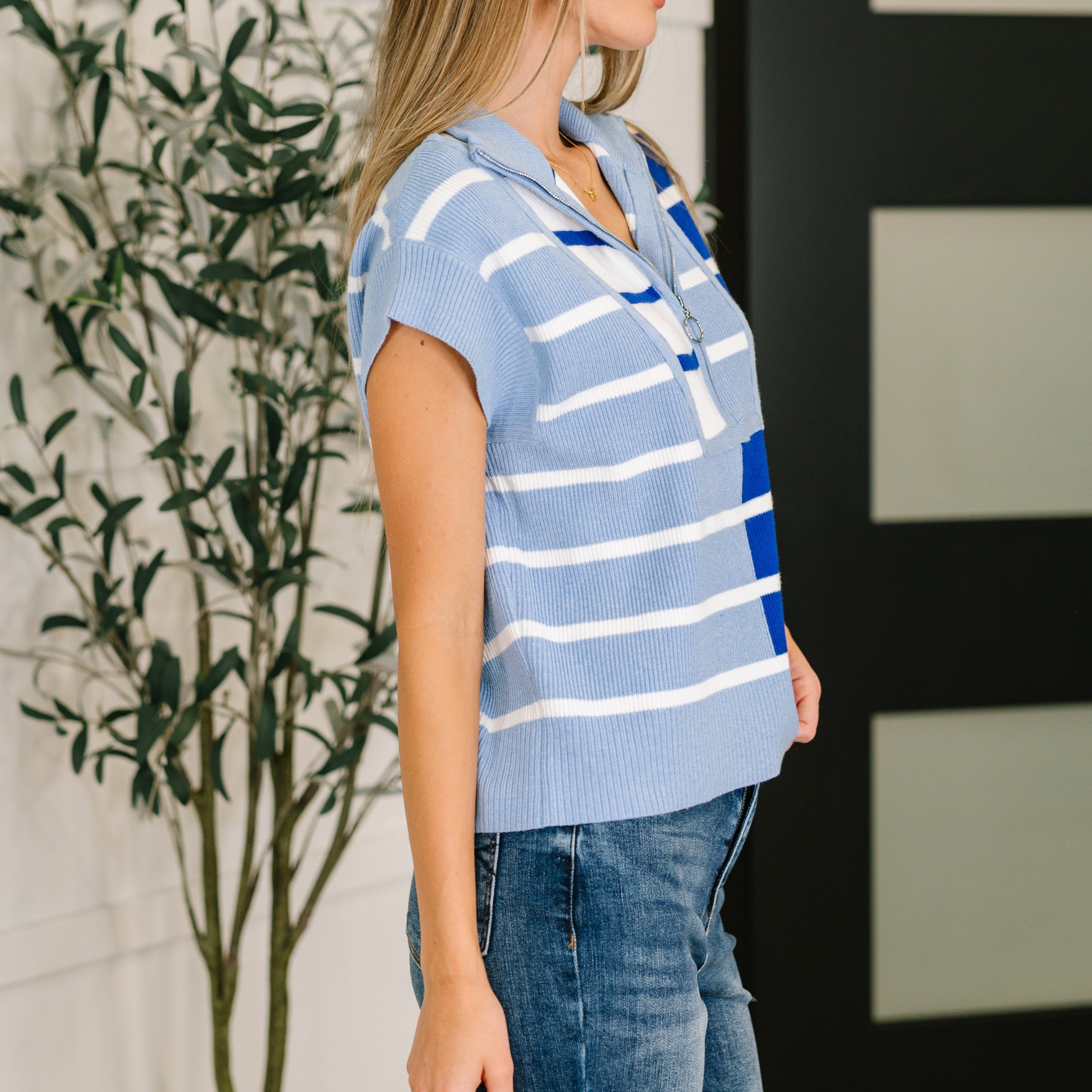 Lonely Traveler Striped Quarter Zip Vest in Blue Womens Ave Shops- Tilden Co.