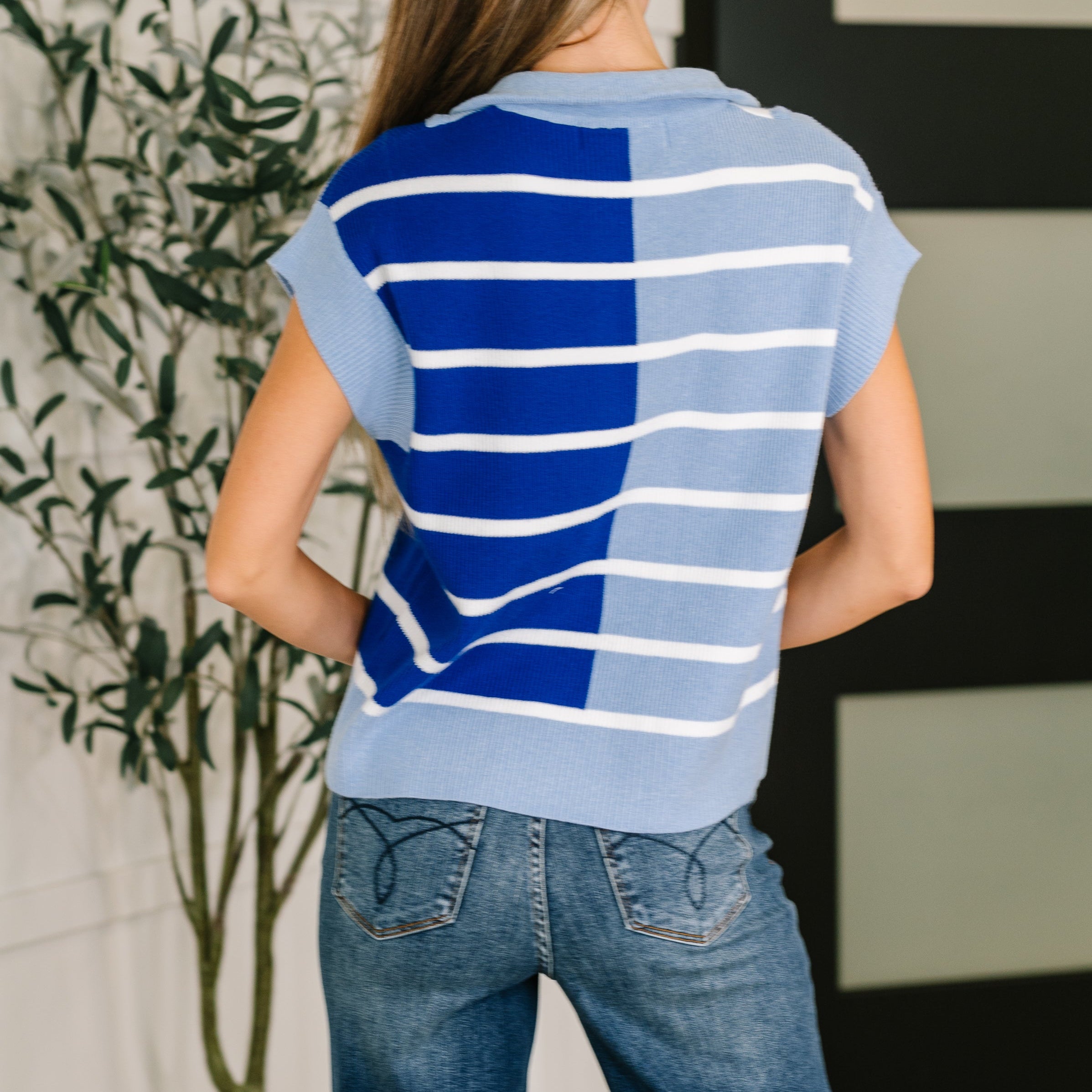 Lonely Traveler Striped Quarter Zip Vest in Blue Womens Ave Shops- Tilden Co.