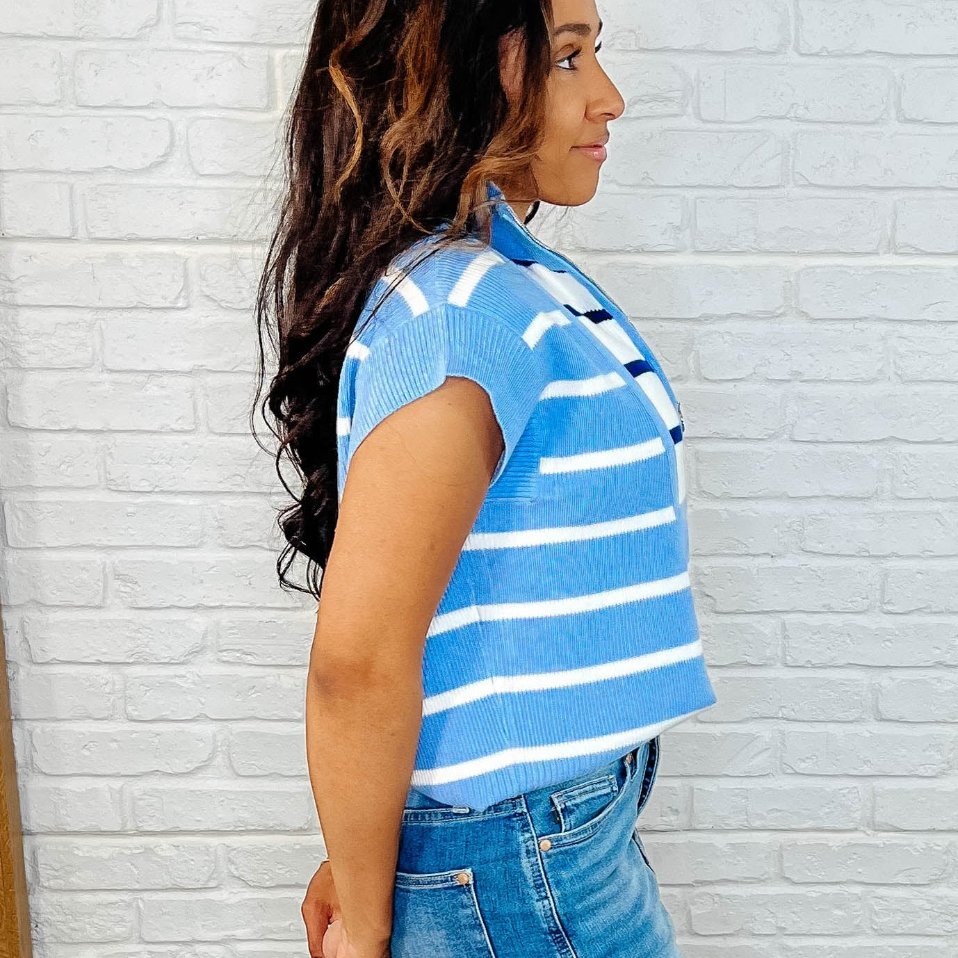 Lonely Traveler Striped Quarter Zip Vest in Blue Womens Ave Shops- Tilden Co.