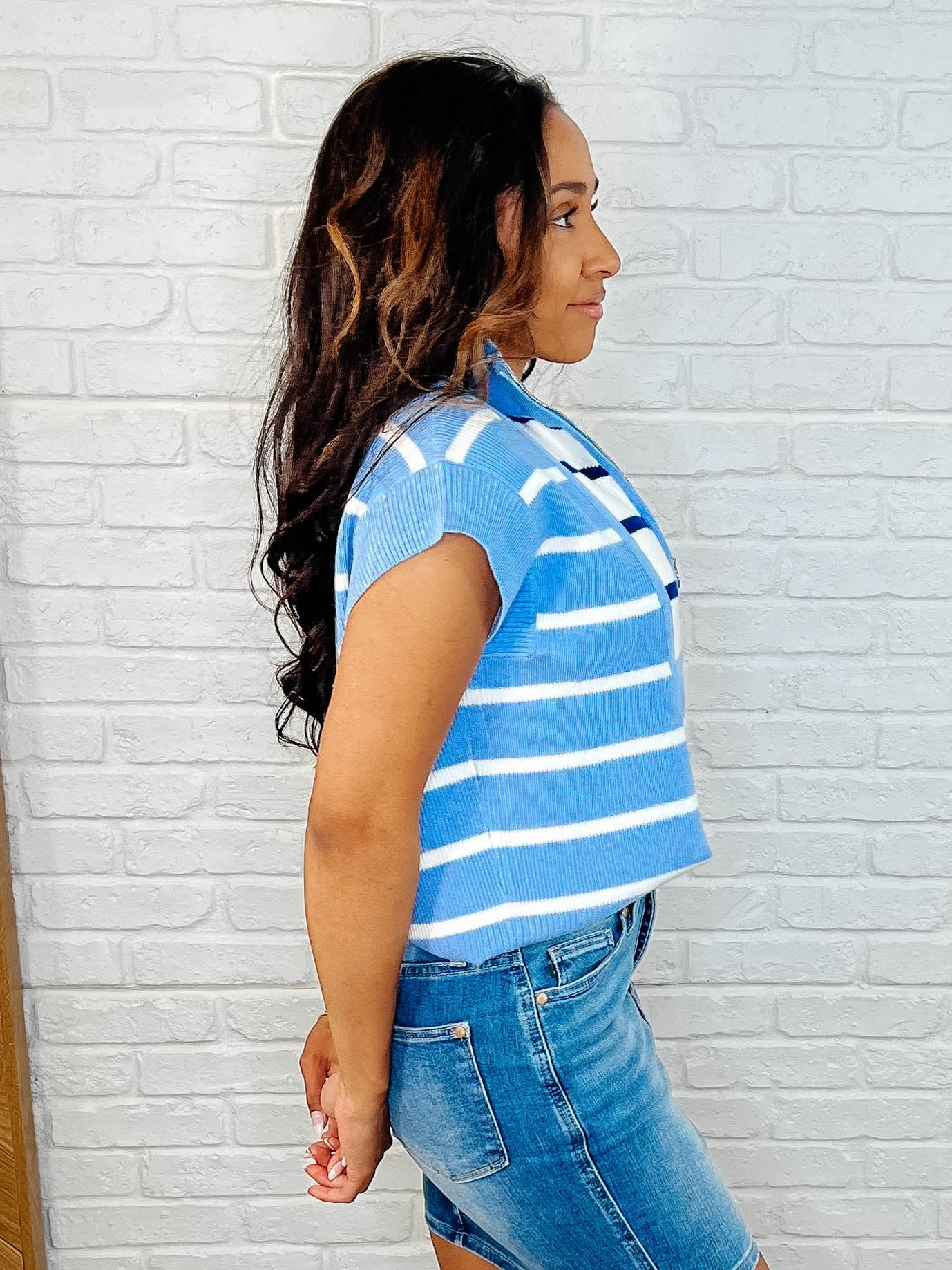Lonely Traveler Striped Quarter Zip Vest in Blue Womens Ave Shops- Tilden Co.