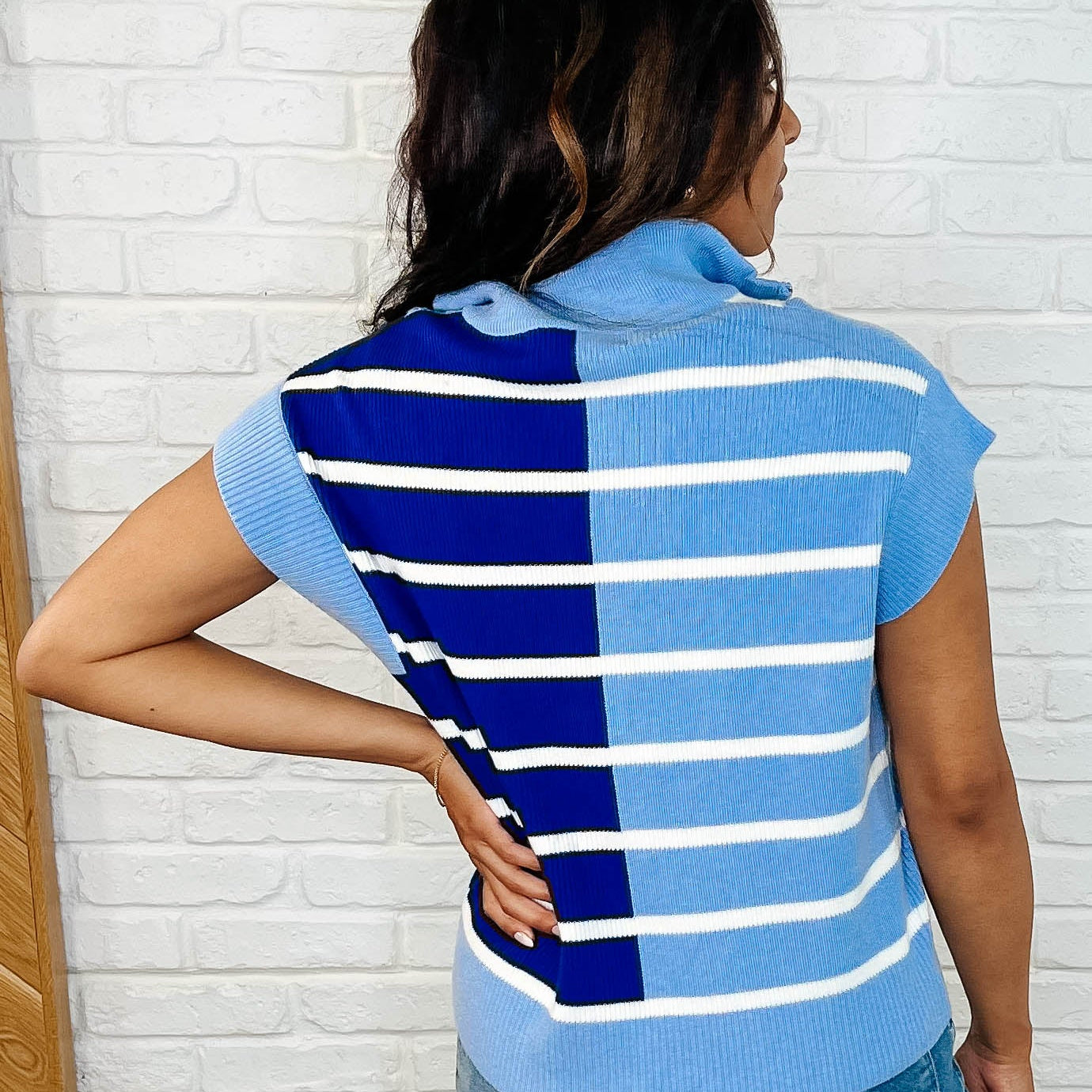 Lonely Traveler Striped Quarter Zip Vest in Blue Womens Ave Shops- Tilden Co.