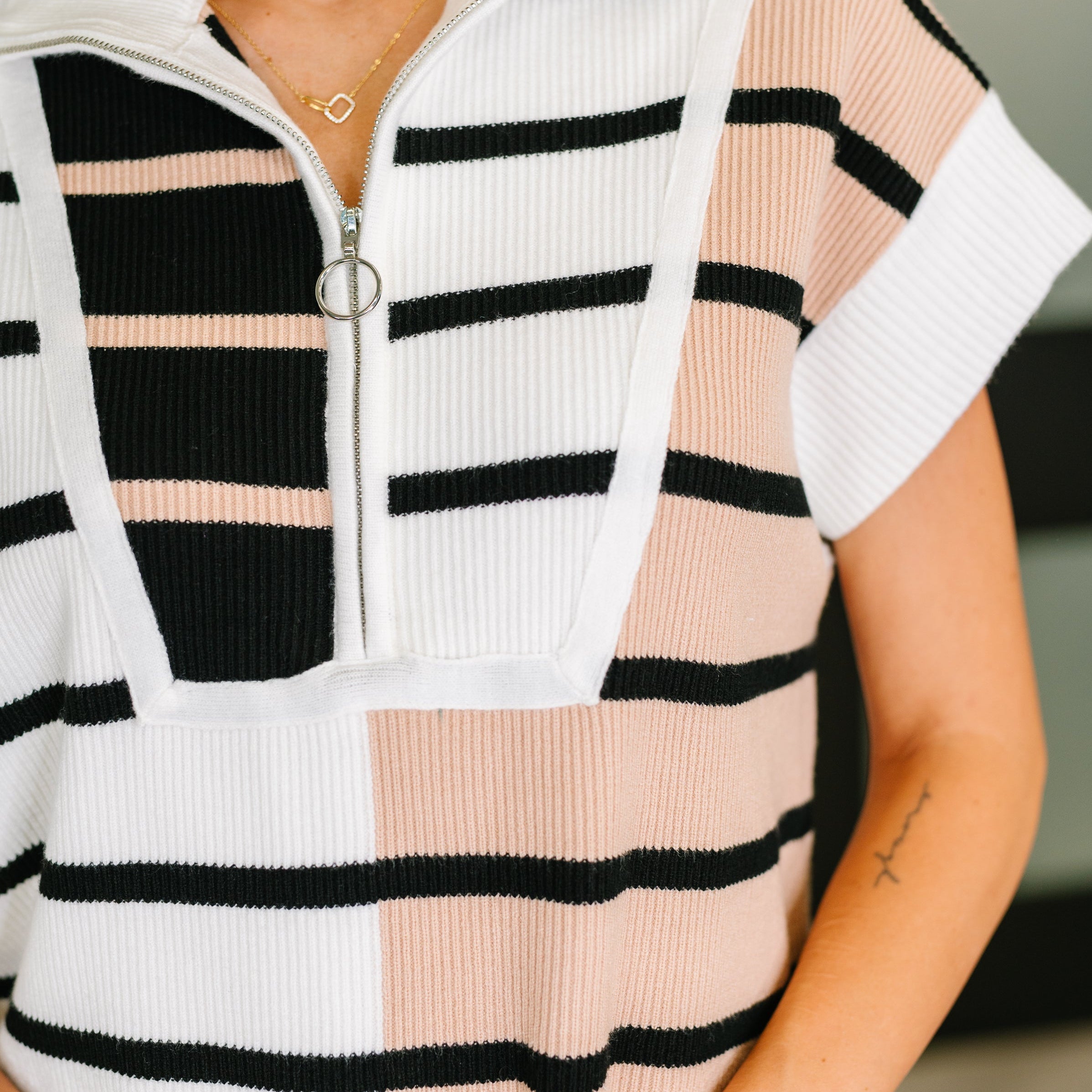 Lonely Traveler Striped Quarter Zip Vest in White Womens Ave Shops- Tilden Co.