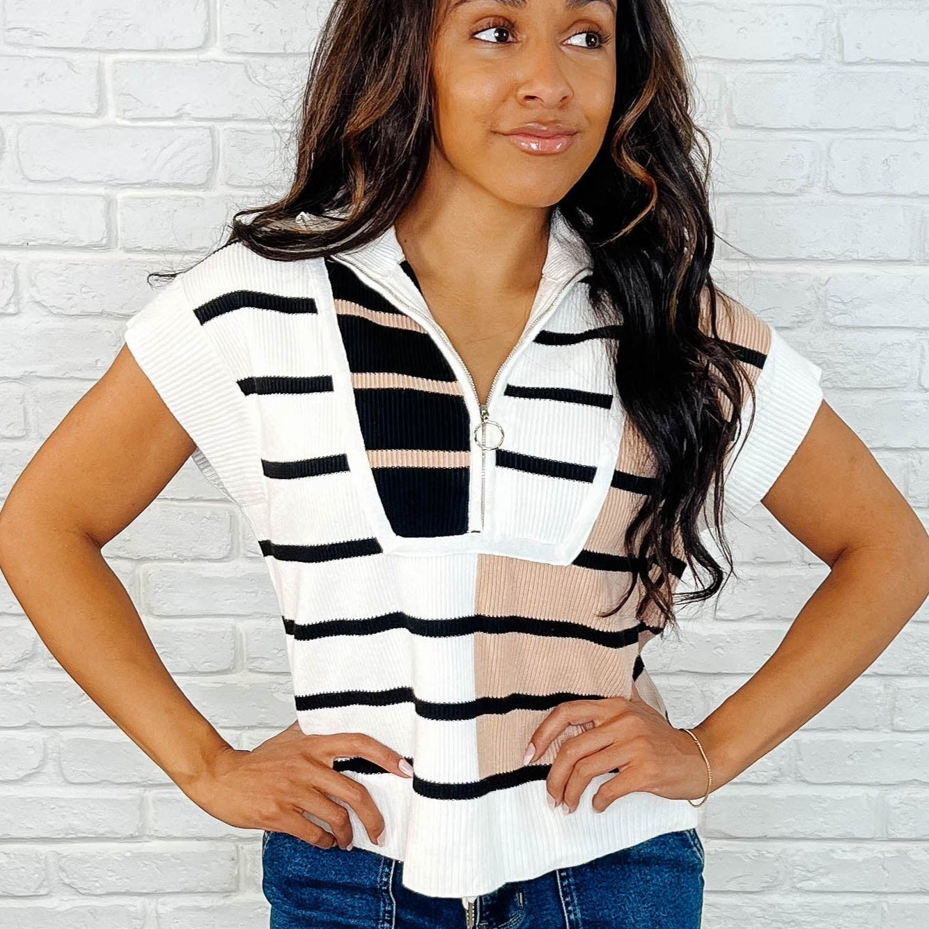 Lonely Traveler Striped Quarter Zip Vest in White Womens Ave Shops- Tilden Co.