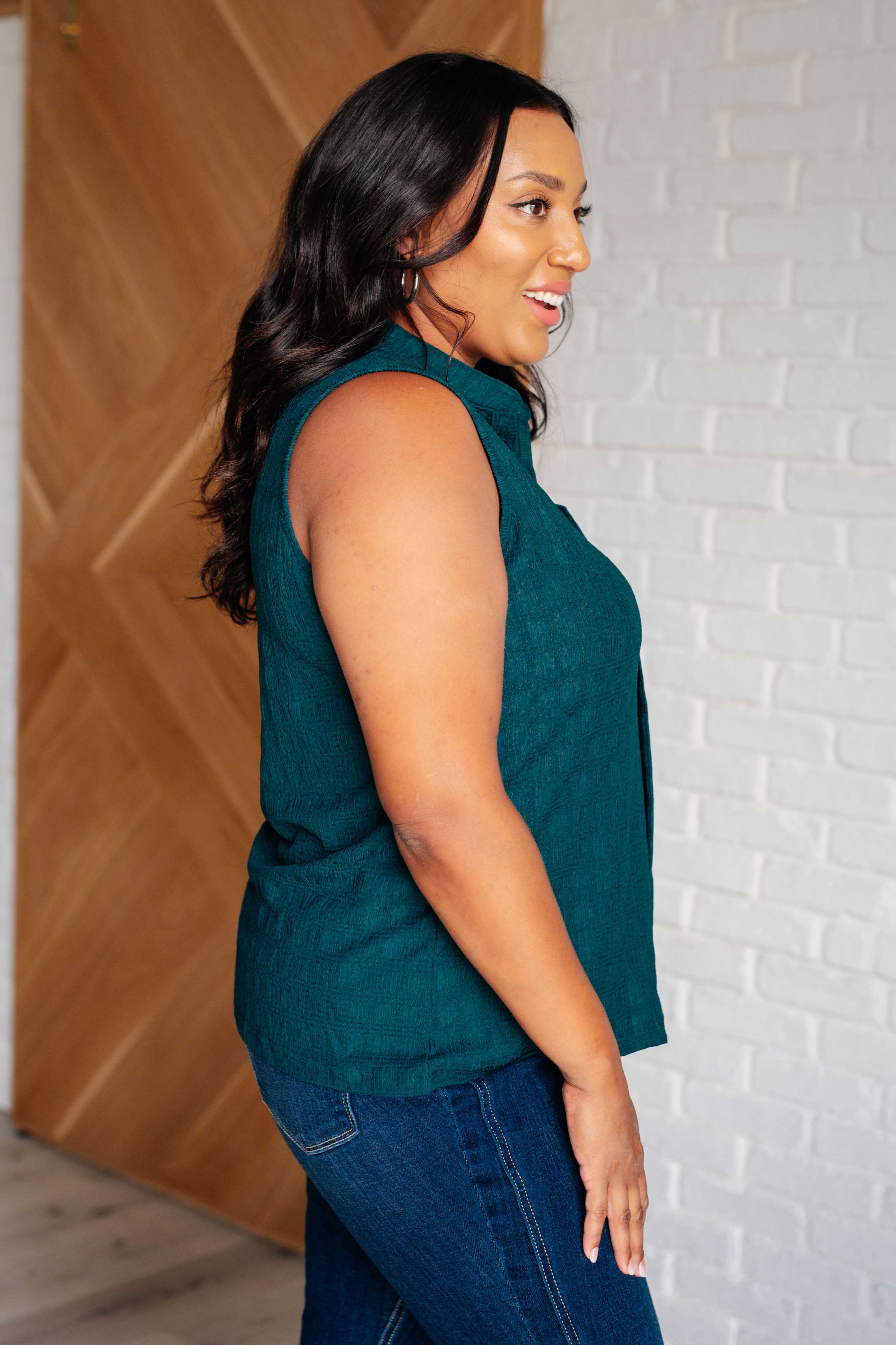 Matter of Fact Pleat Front Sleeveless Blouse in Sea Green Blouses Ave Shops- Tilden Co.