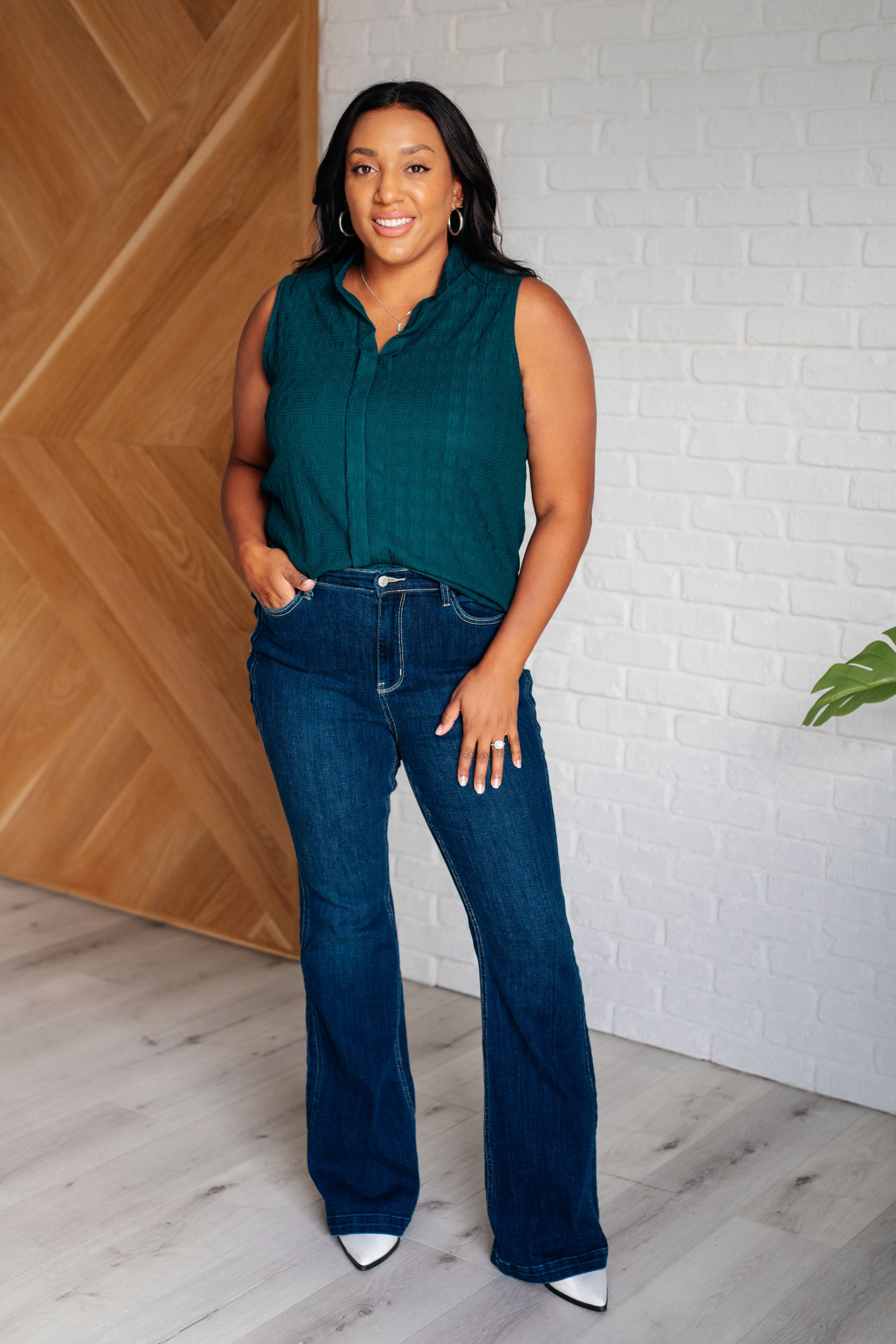 Matter of Fact Pleat Front Sleeveless Blouse in Sea Green Blouses Ave Shops- Tilden Co.