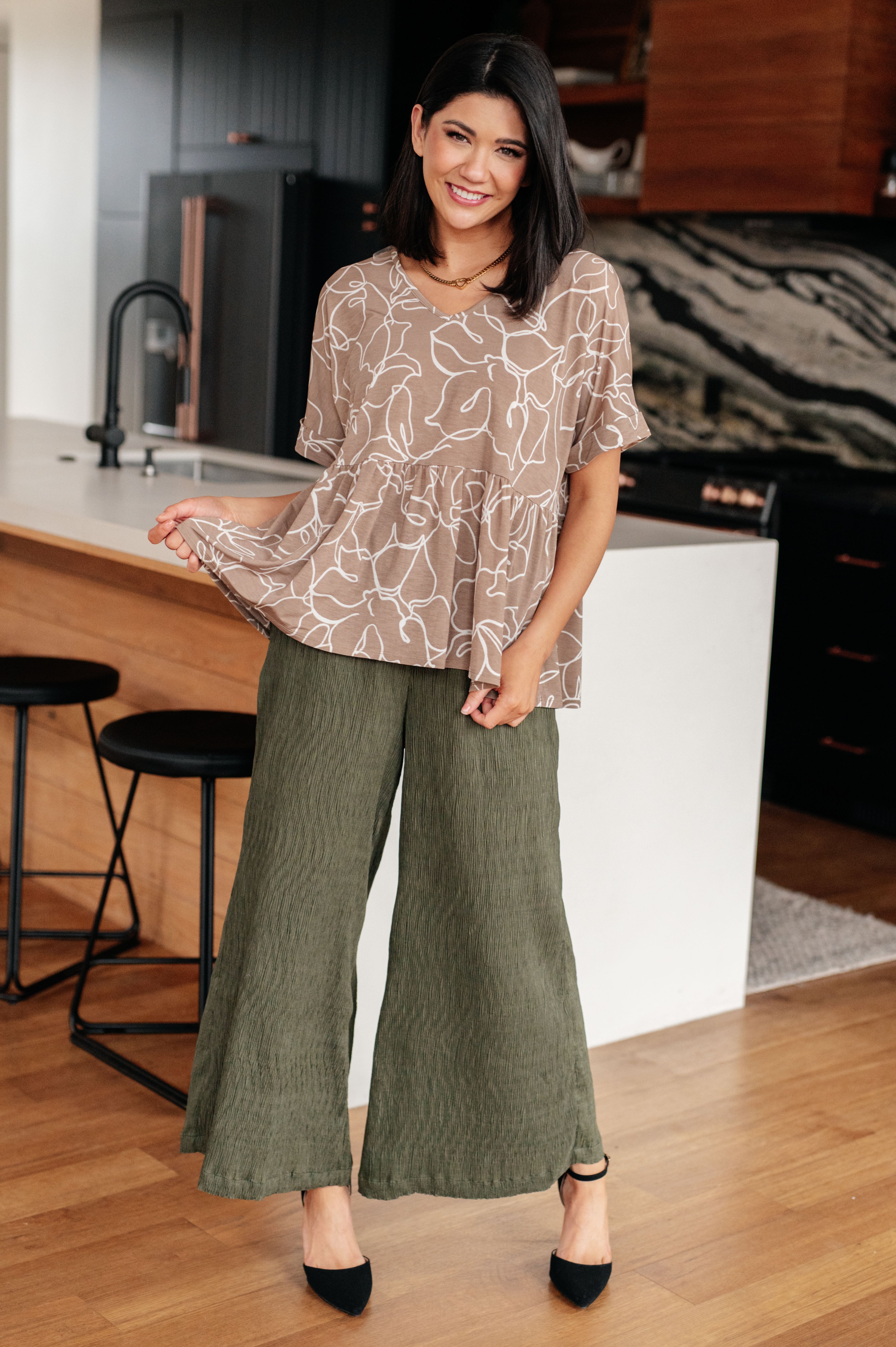 Mocha Petals V-Neck Top Tops Ave Shops- Tilden Co.