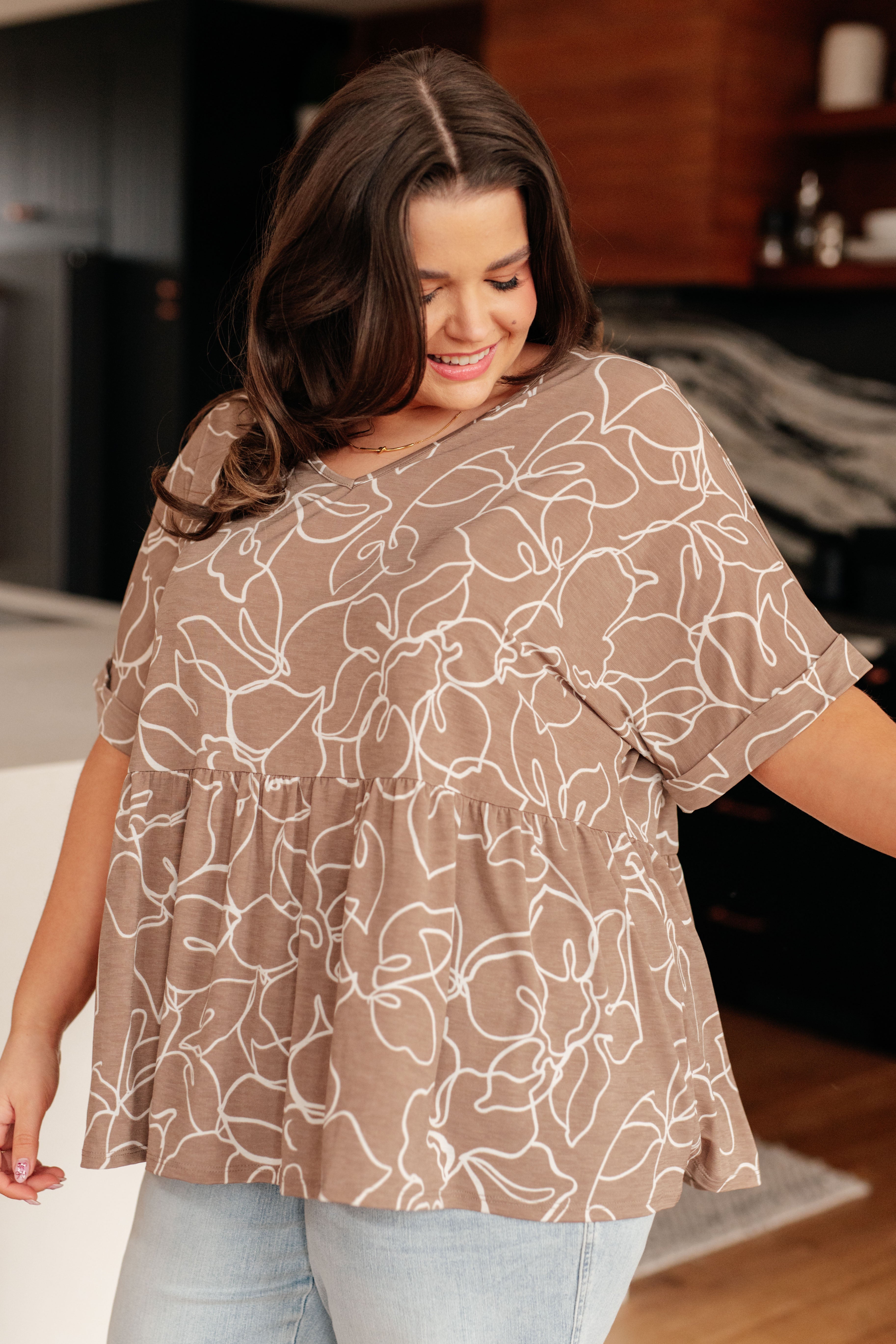 Mocha Petals V-Neck Top Tops Ave Shops- Tilden Co.