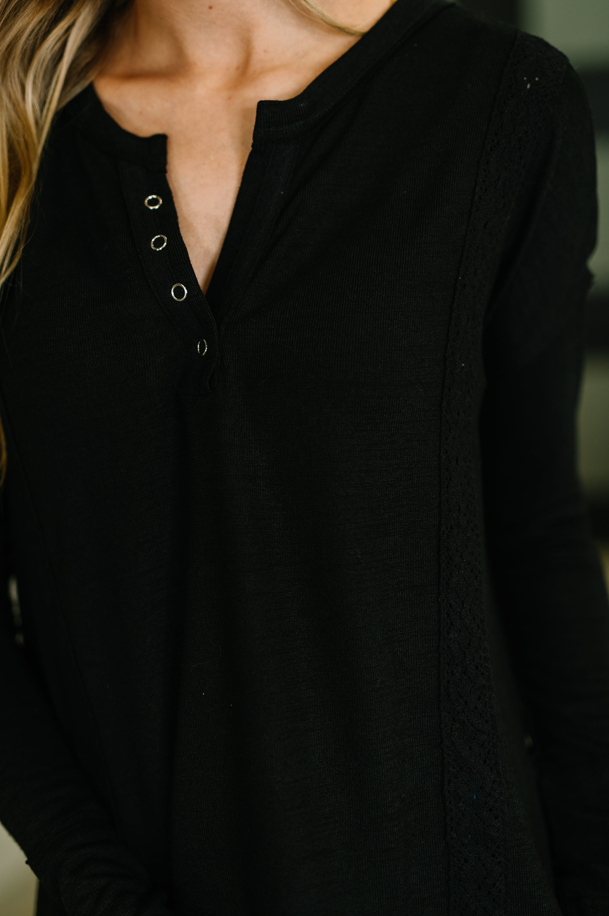 Never Been So Sure Lace Accent Henley Top in Black Womens Ave Shops- Tilden Co.