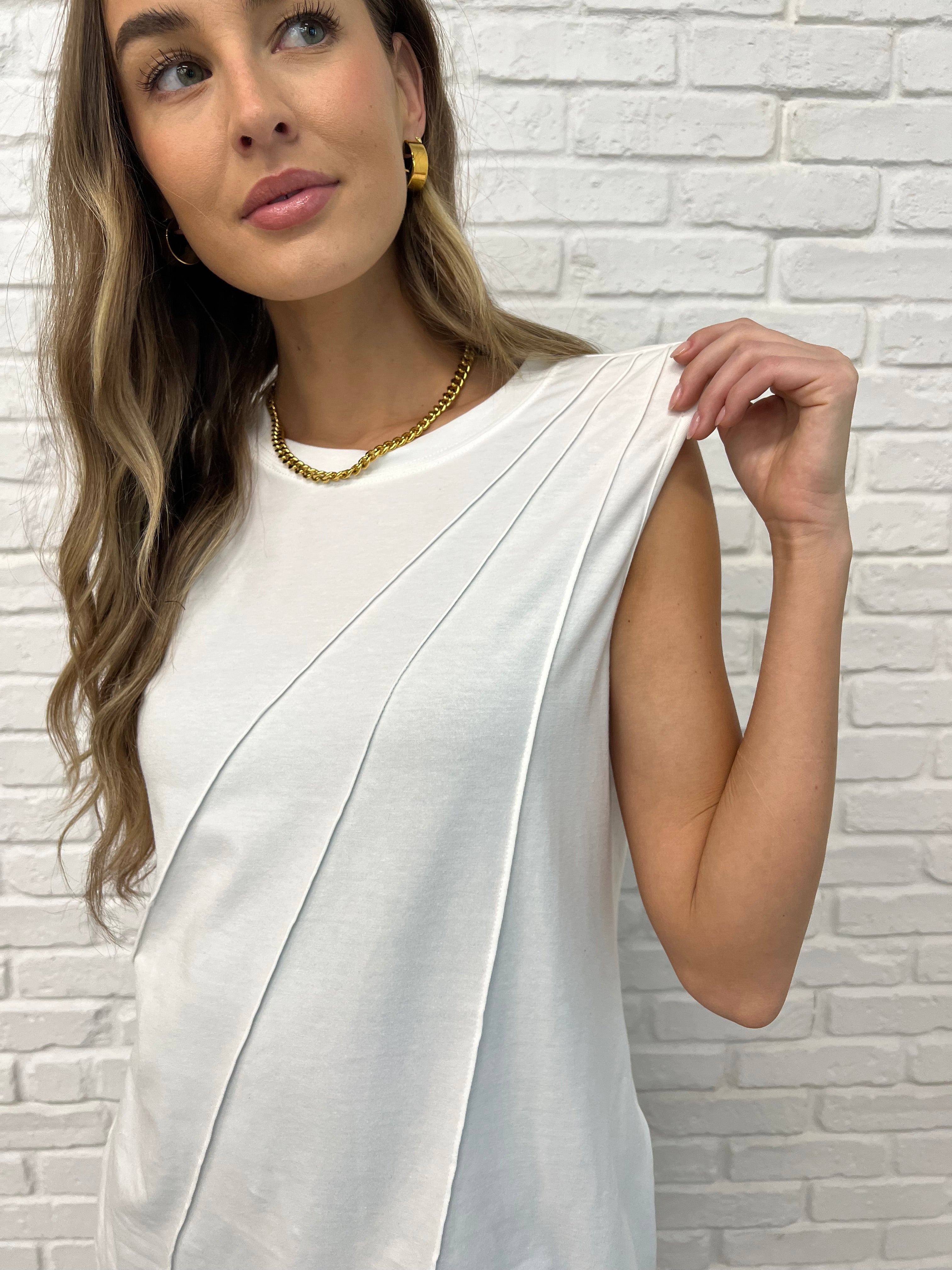New Normal Pleat Detail Sleeveless Top in White Womens Ave Shops- Tilden Co.
