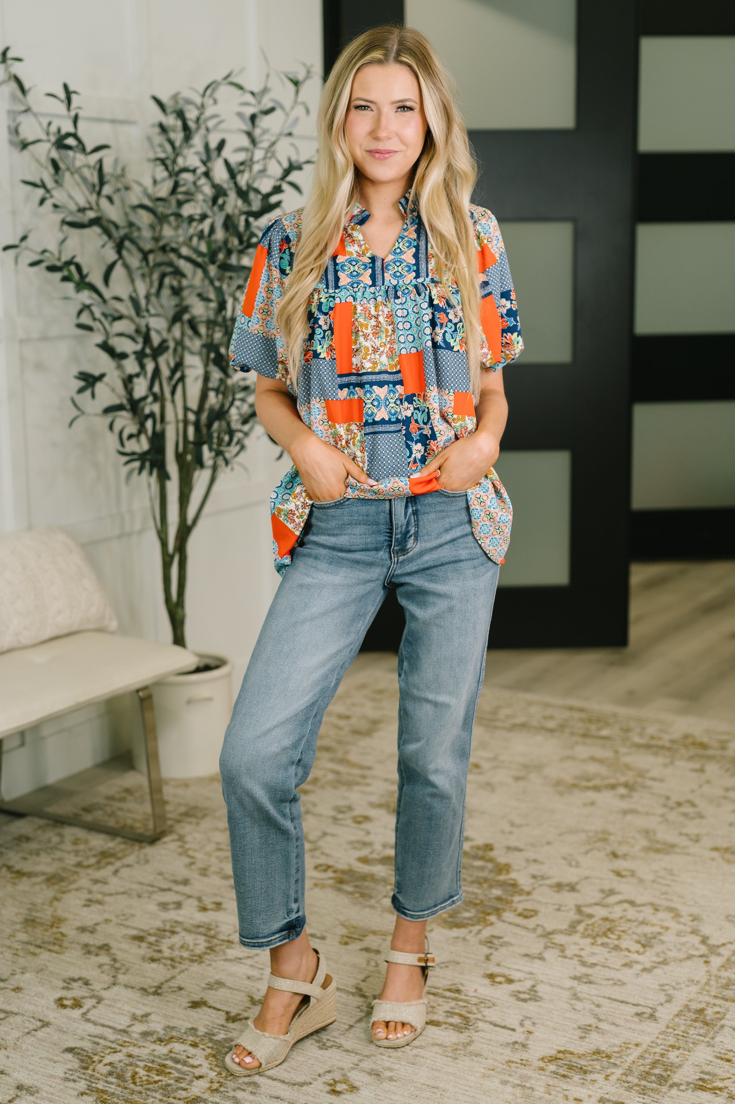 Pardon Me Patchwork Puff Sleeve Blouse Womens Ave Shops- Tilden Co.
