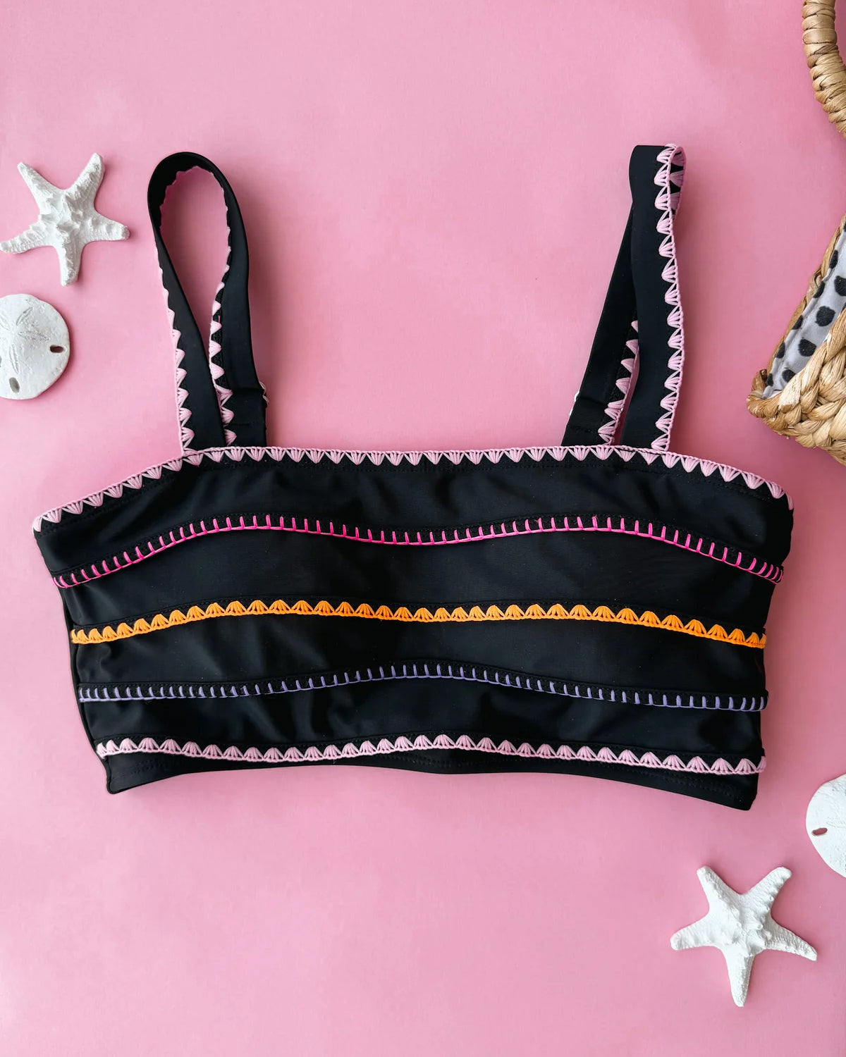 Black Embroidered Swim Top Swim Crop Top Mack and Mal- Tilden Co.