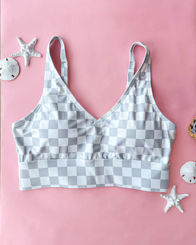 Grey & White Checkered Swim Top Swim Crop Top Mack and Mal- Tilden Co.