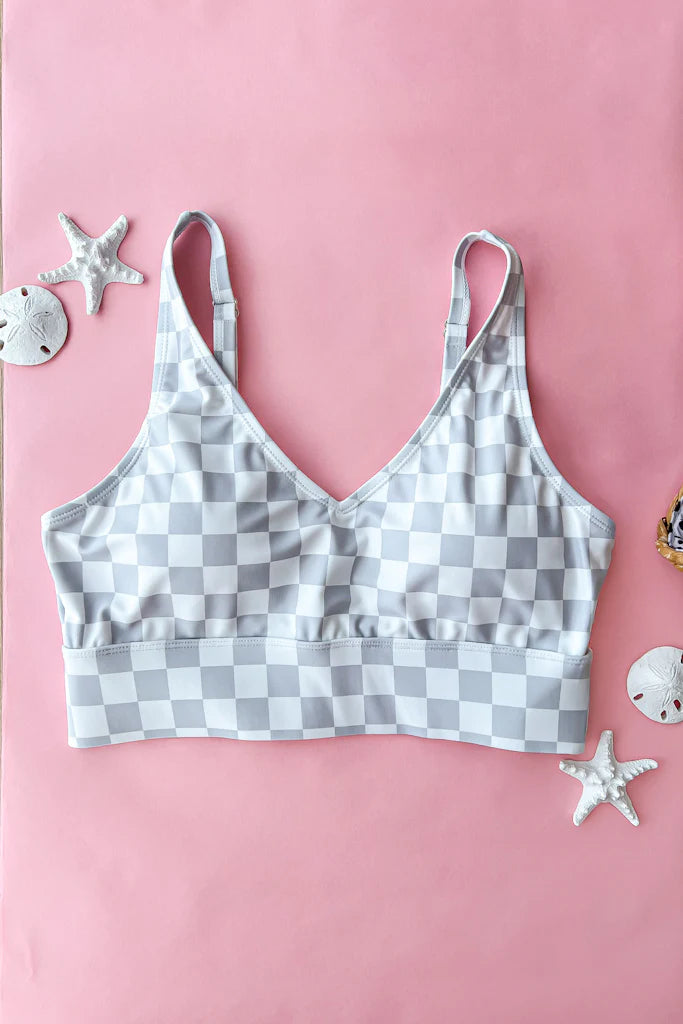 Grey & White Checkered Swim Top Swim Crop Top Mack and Mal- Tilden Co.