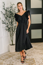Pinstripe Romance V-Neck Ruffle Sleeve Dress in Black Womens Ave Shops- Tilden Co.