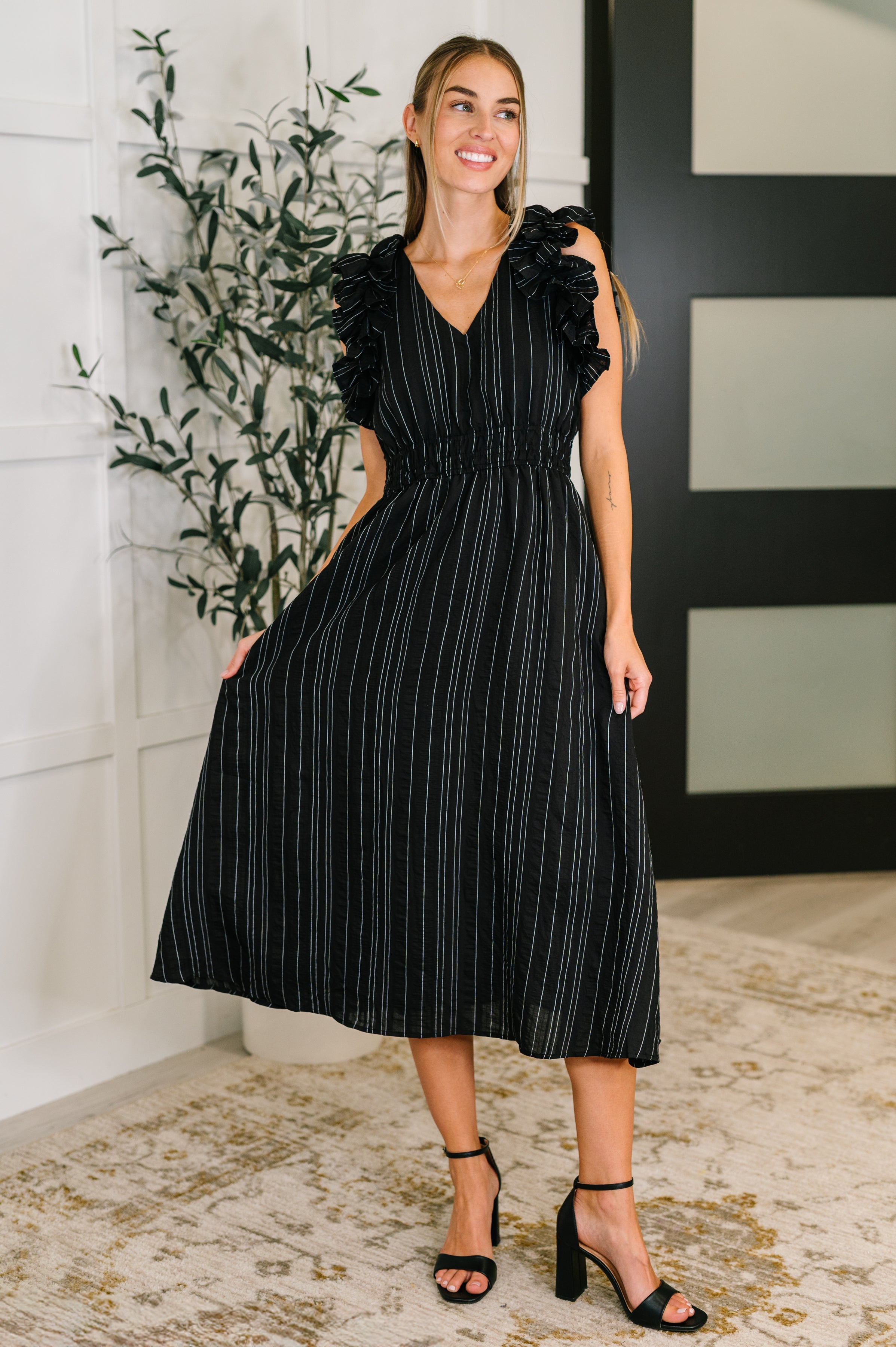 Pinstripe Romance V-Neck Ruffle Sleeve Dress in Black Womens Ave Shops- Tilden Co.