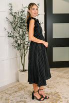Pinstripe Romance V-Neck Ruffle Sleeve Dress in Black Womens Ave Shops- Tilden Co.
