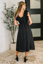 Pinstripe Romance V-Neck Ruffle Sleeve Dress in Black Womens Ave Shops- Tilden Co.