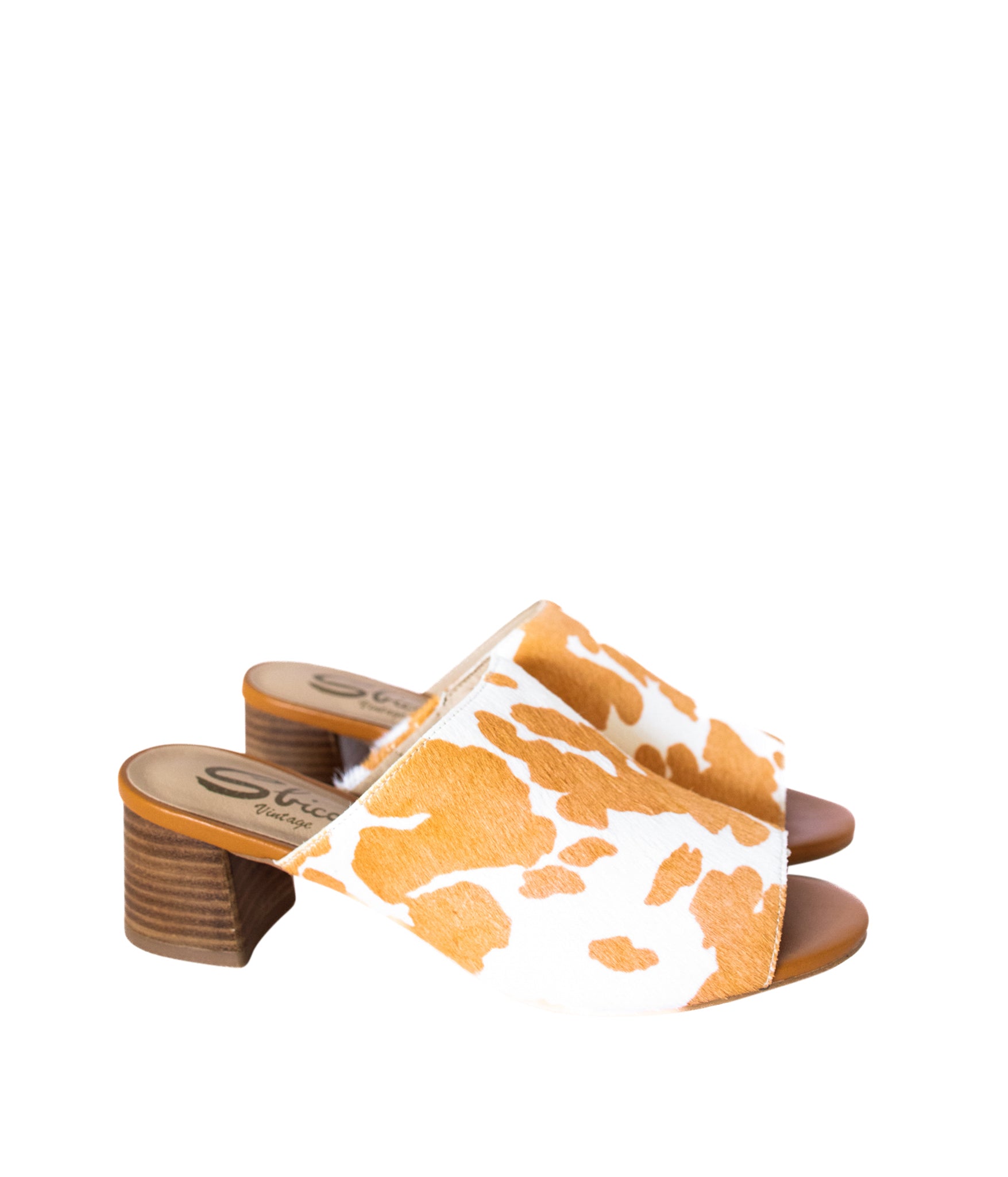 Richwood Peeptoe Tan and White Cowhide Slide Shoes Ave Shops- Tilden Co.
