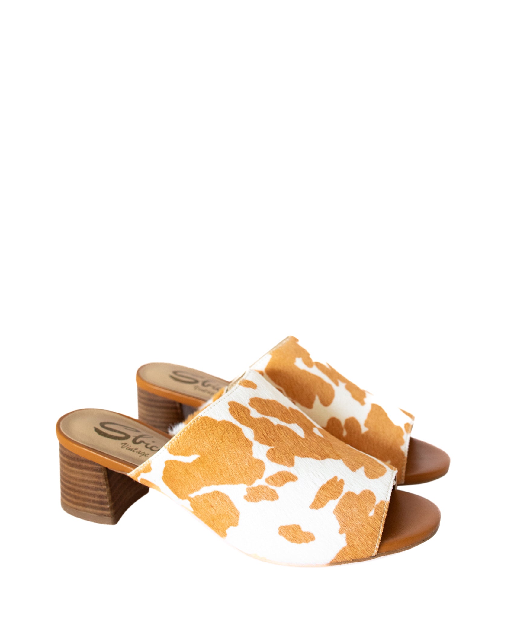Richwood Peeptoe Tan and White Cowhide Slide Shoes Ave Shops- Tilden Co.