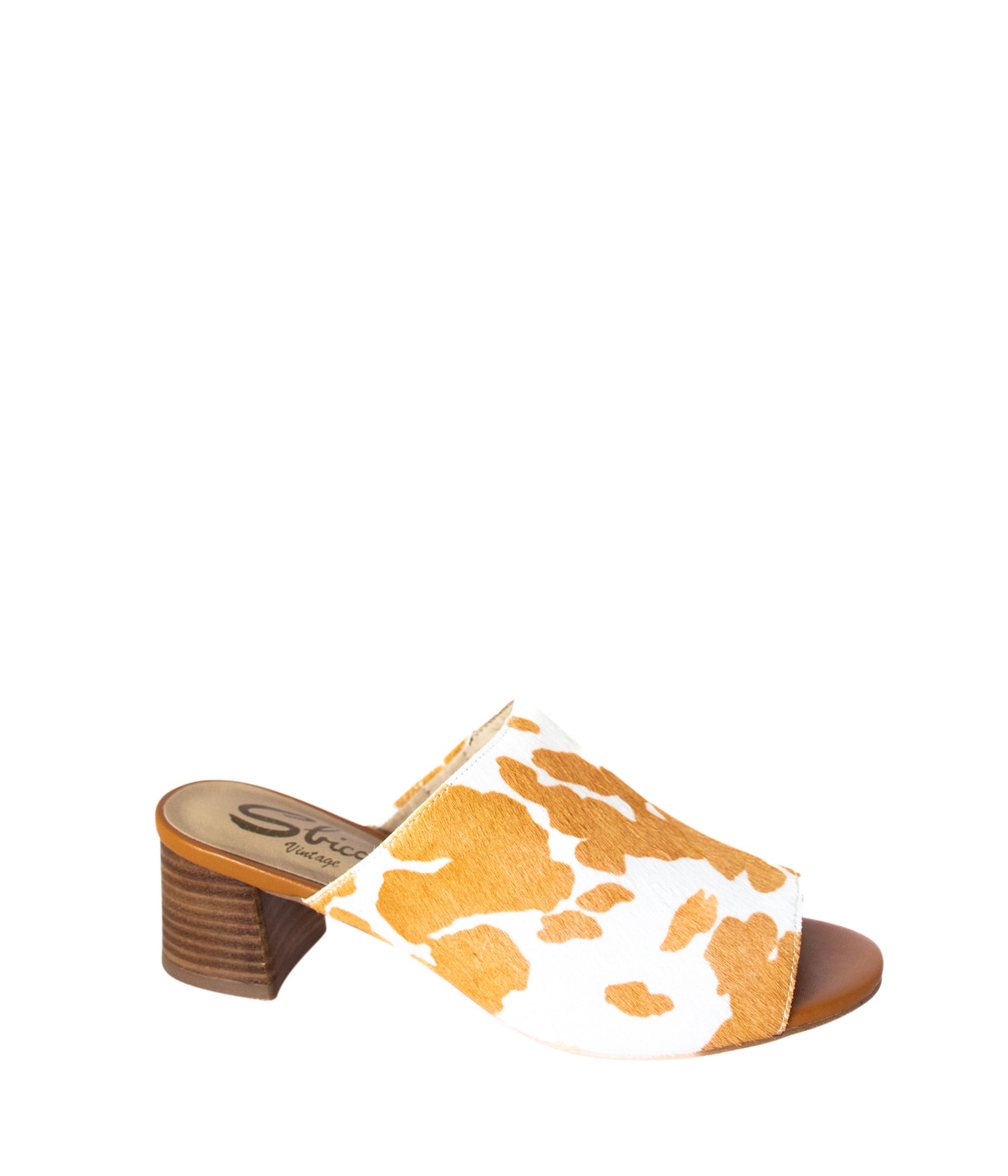 Richwood Peeptoe Tan and White Cowhide Slide Shoes Ave Shops- Tilden Co.