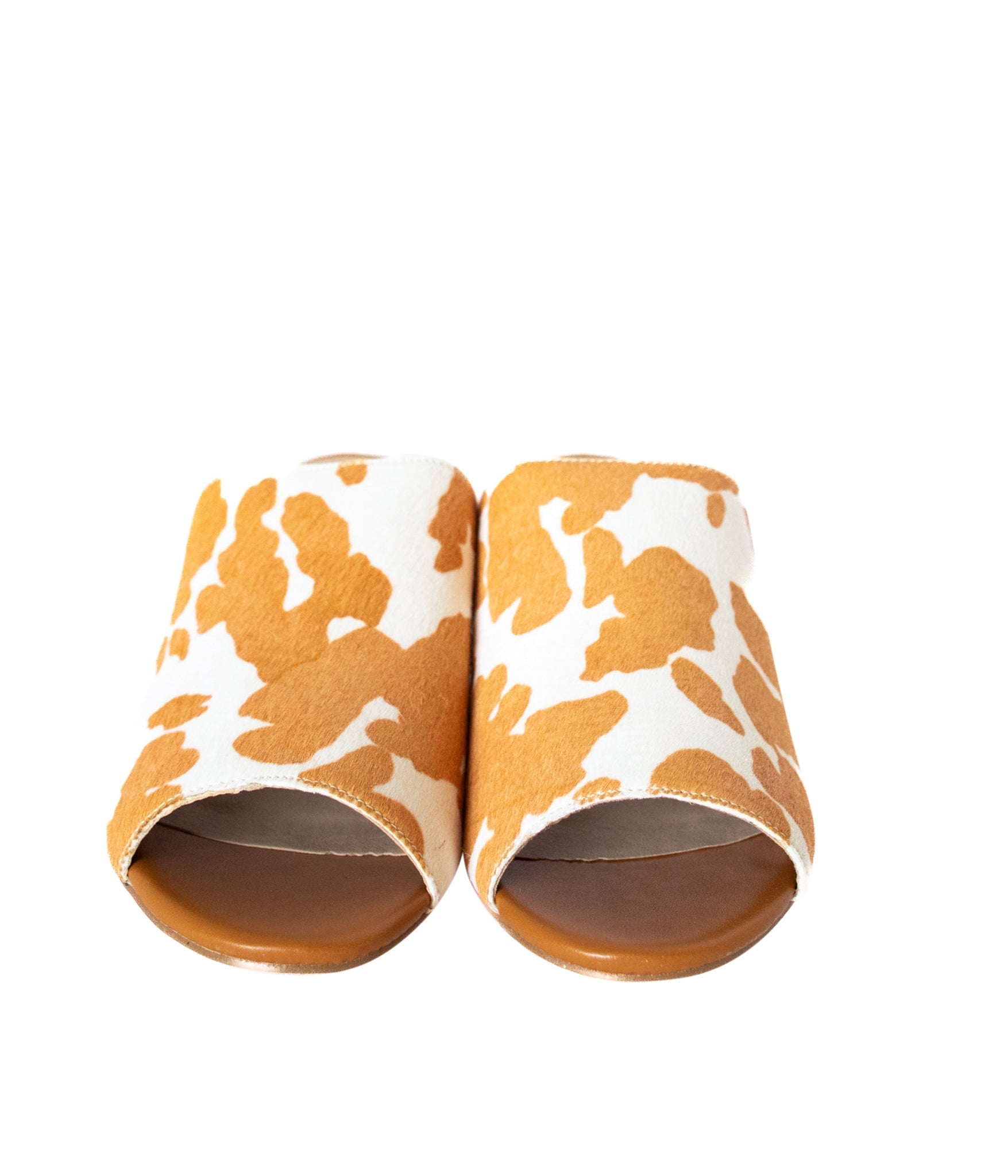Richwood Peeptoe Tan and White Cowhide Slide Shoes Ave Shops- Tilden Co.