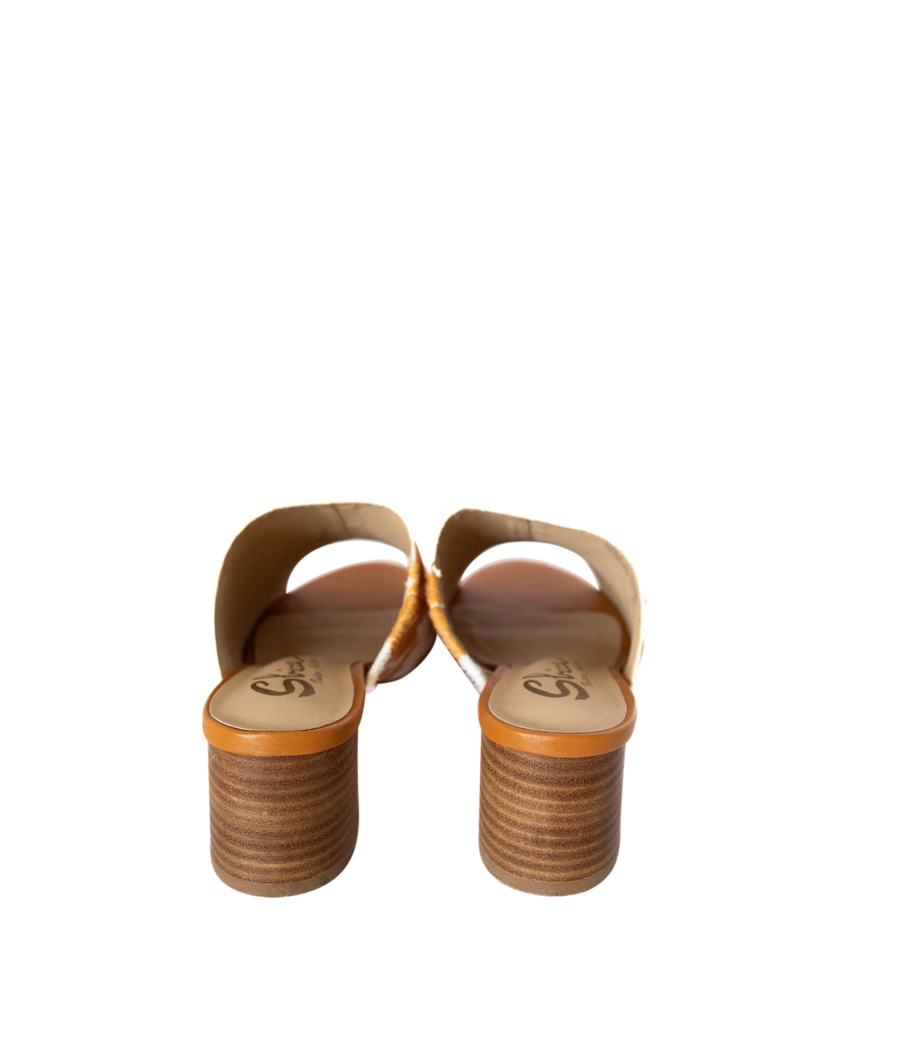 Richwood Peeptoe Tan and White Cowhide Slide Shoes Ave Shops- Tilden Co.