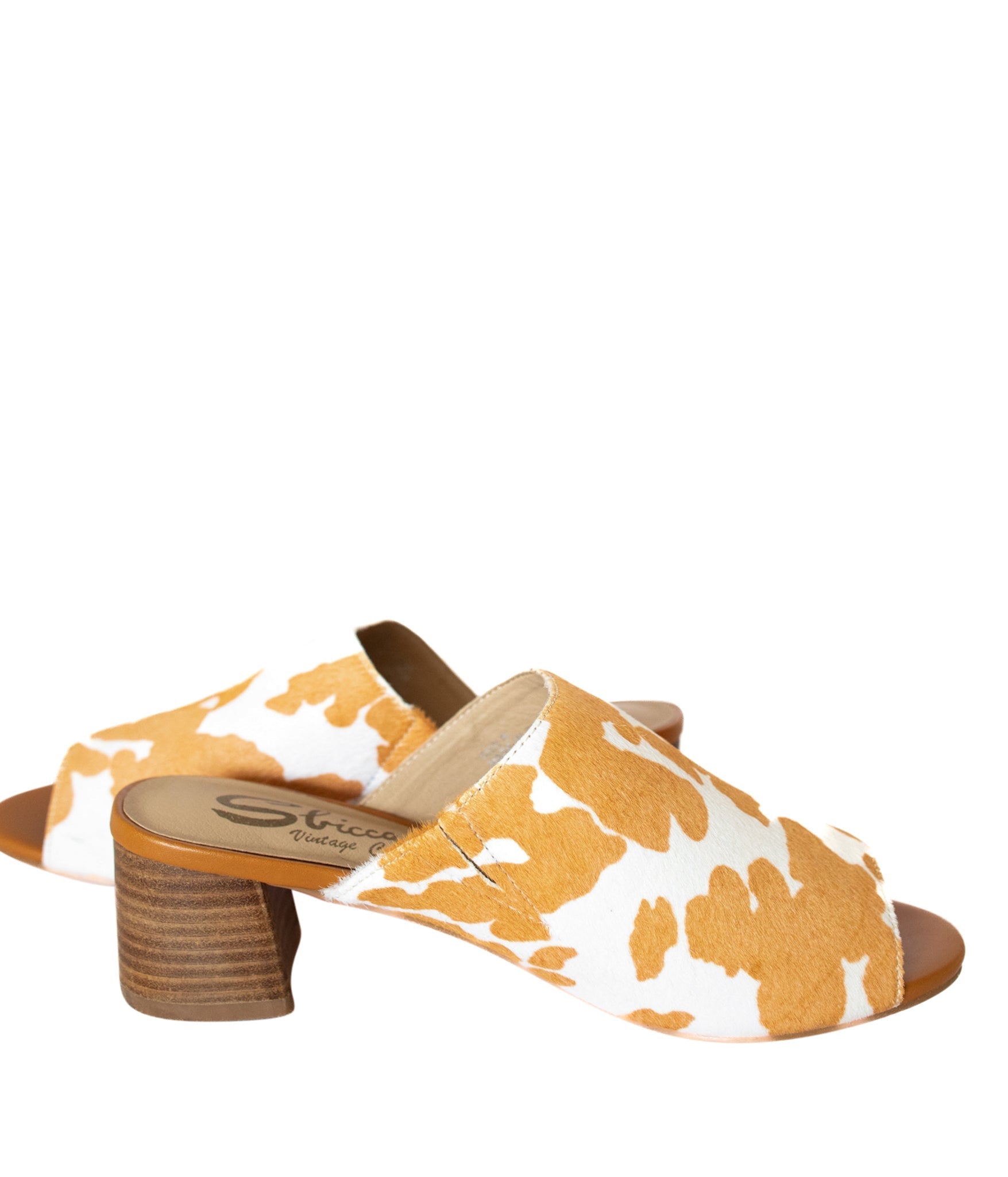 Richwood Peeptoe Tan and White Cowhide Slide Shoes Ave Shops- Tilden Co.