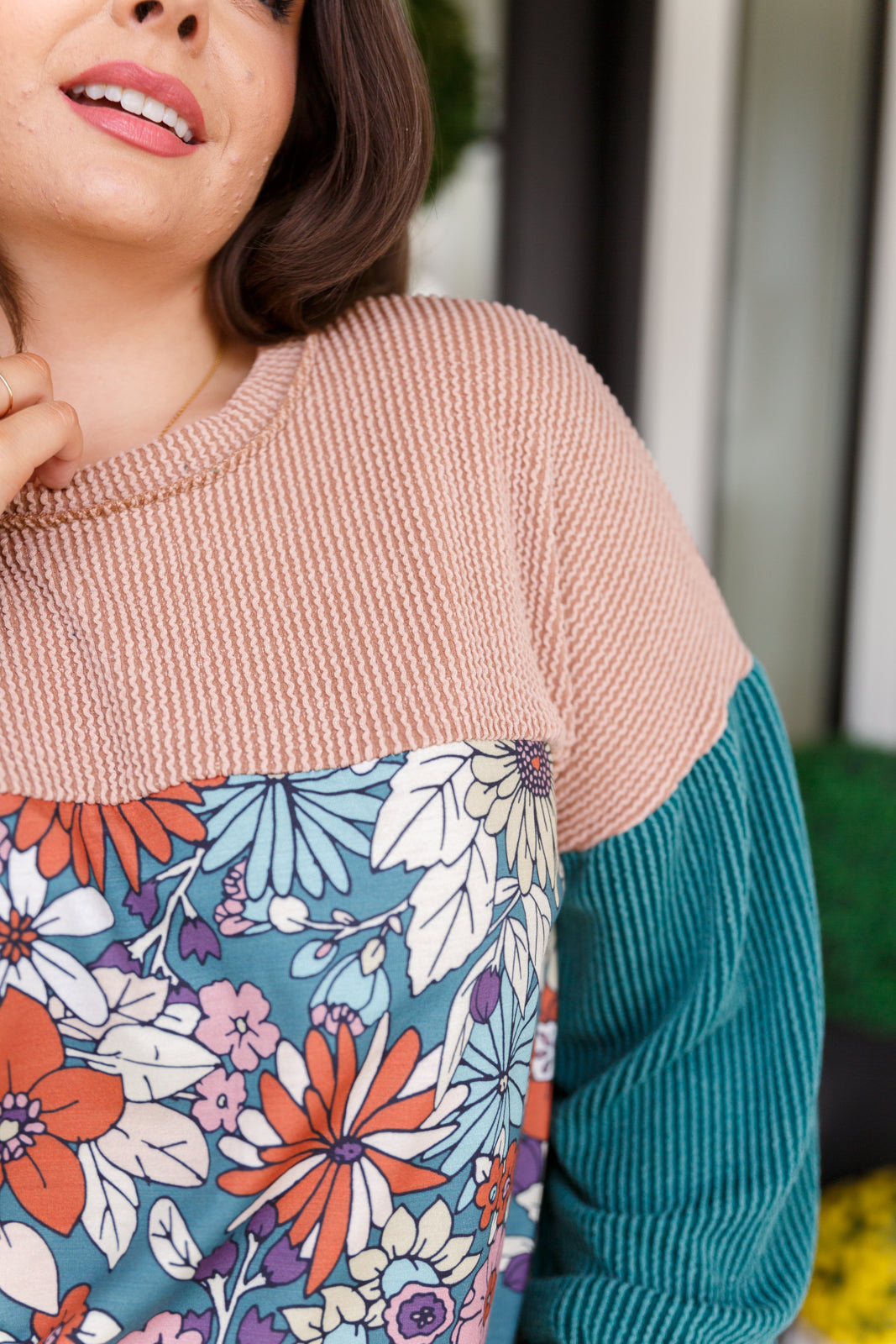 Retro and Ribbed Floral Color Block Top Tops Ave Shops- Tilden Co.
