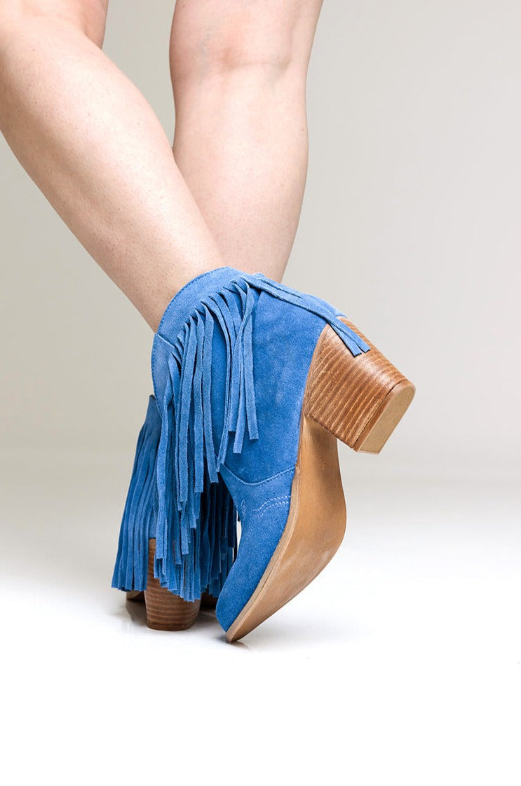 Amos Fringe Ankle Bootie in Blue Suede 110 Fashion Boots Naughty Monkey- Tilden Co.