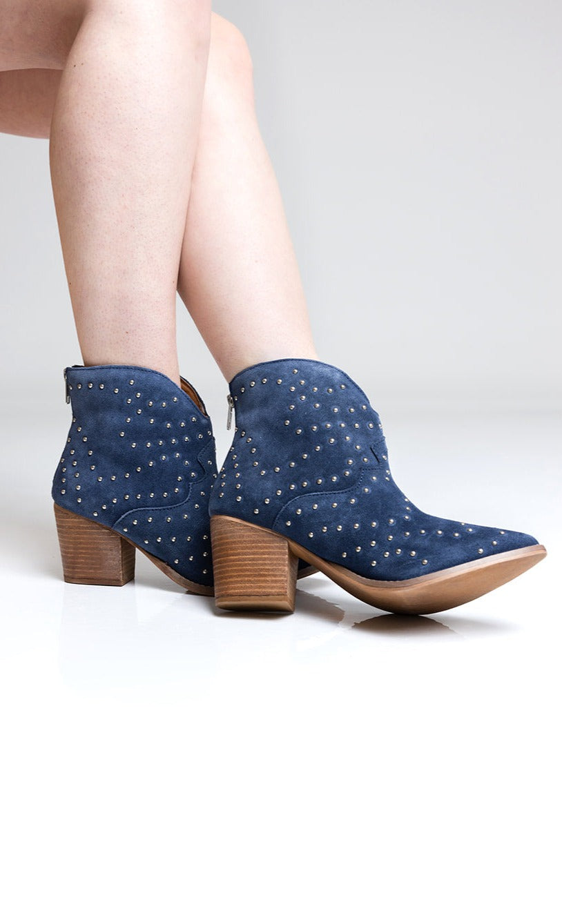 Twilight Studded Heeled Ankle Boot in Denim 100 Western Boots Naughty Monkey- Tilden Co.