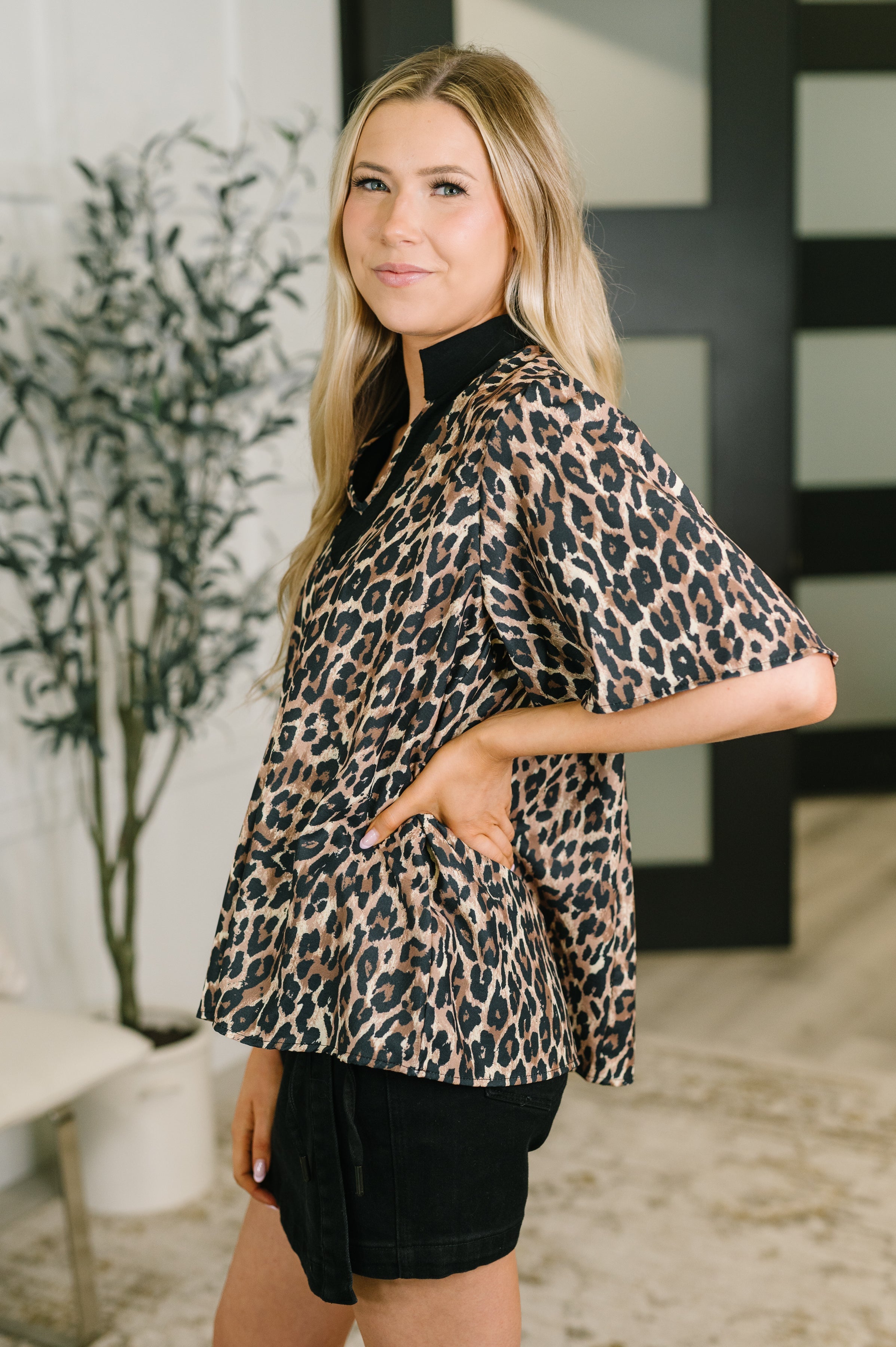 Sassy Season Split Neck Leopard Print Blouse Womens Ave Shops- Tilden Co.