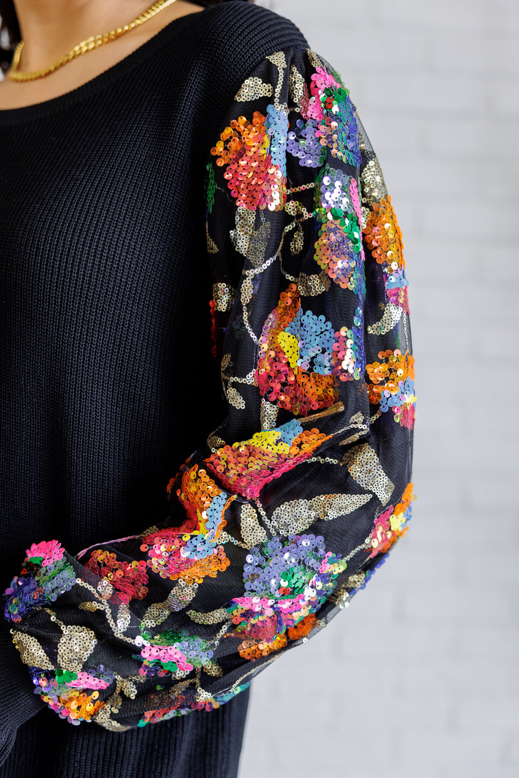 She is the Party Floral Sequins Mesh Sleeve Top Tops Ave Shops- Tilden Co.