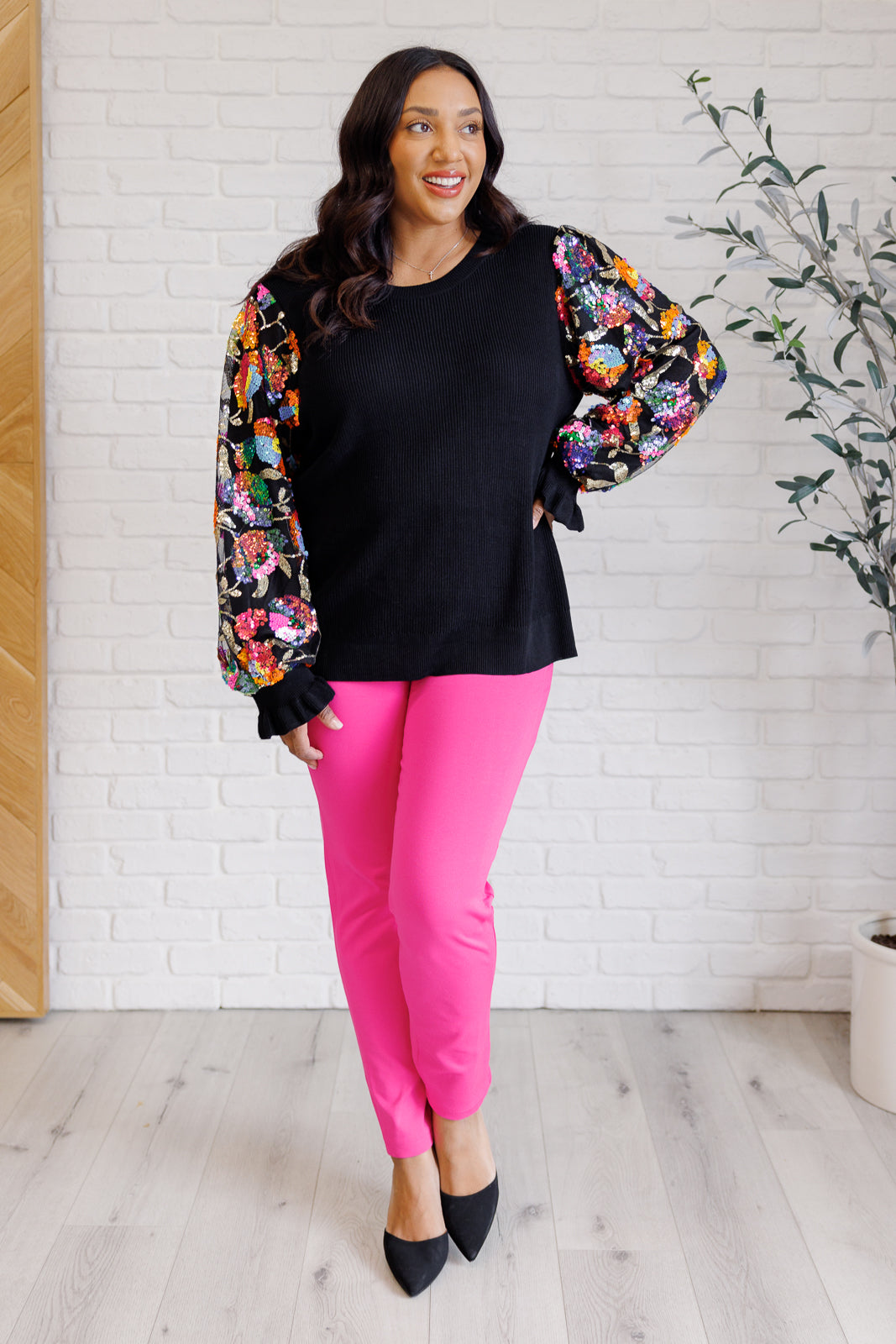 She is the Party Floral Sequins Mesh Sleeve Top Tops Ave Shops- Tilden Co.