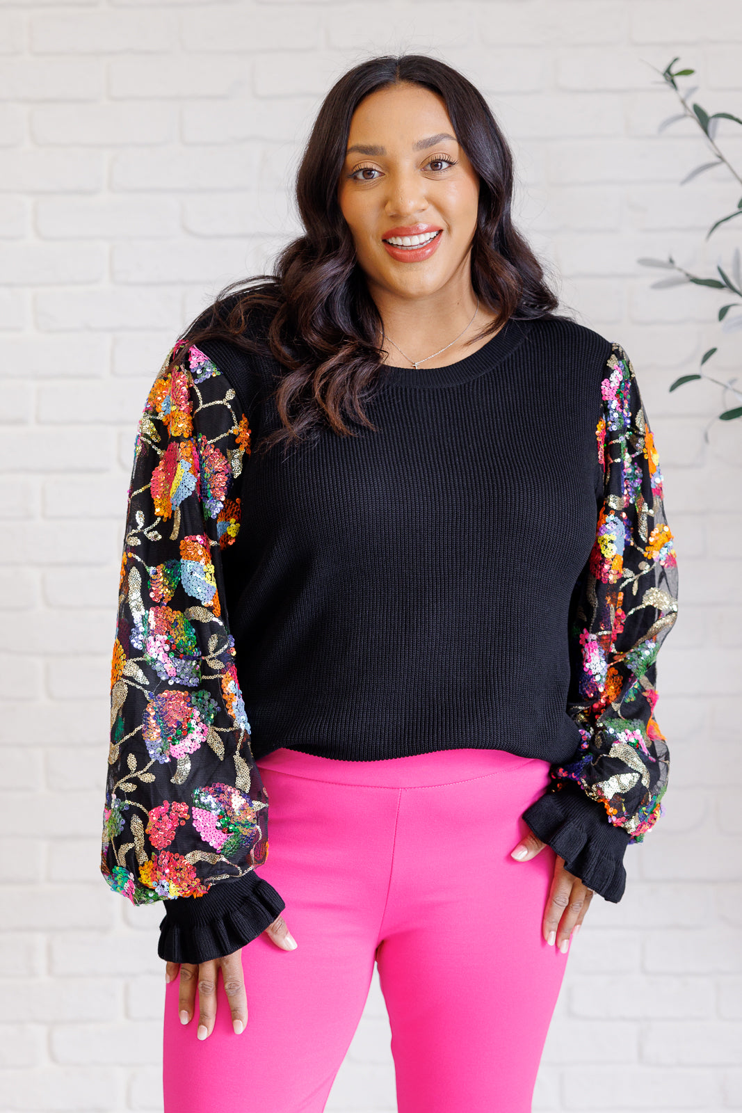 She is the Party Floral Sequins Mesh Sleeve Top Tops Ave Shops- Tilden Co.