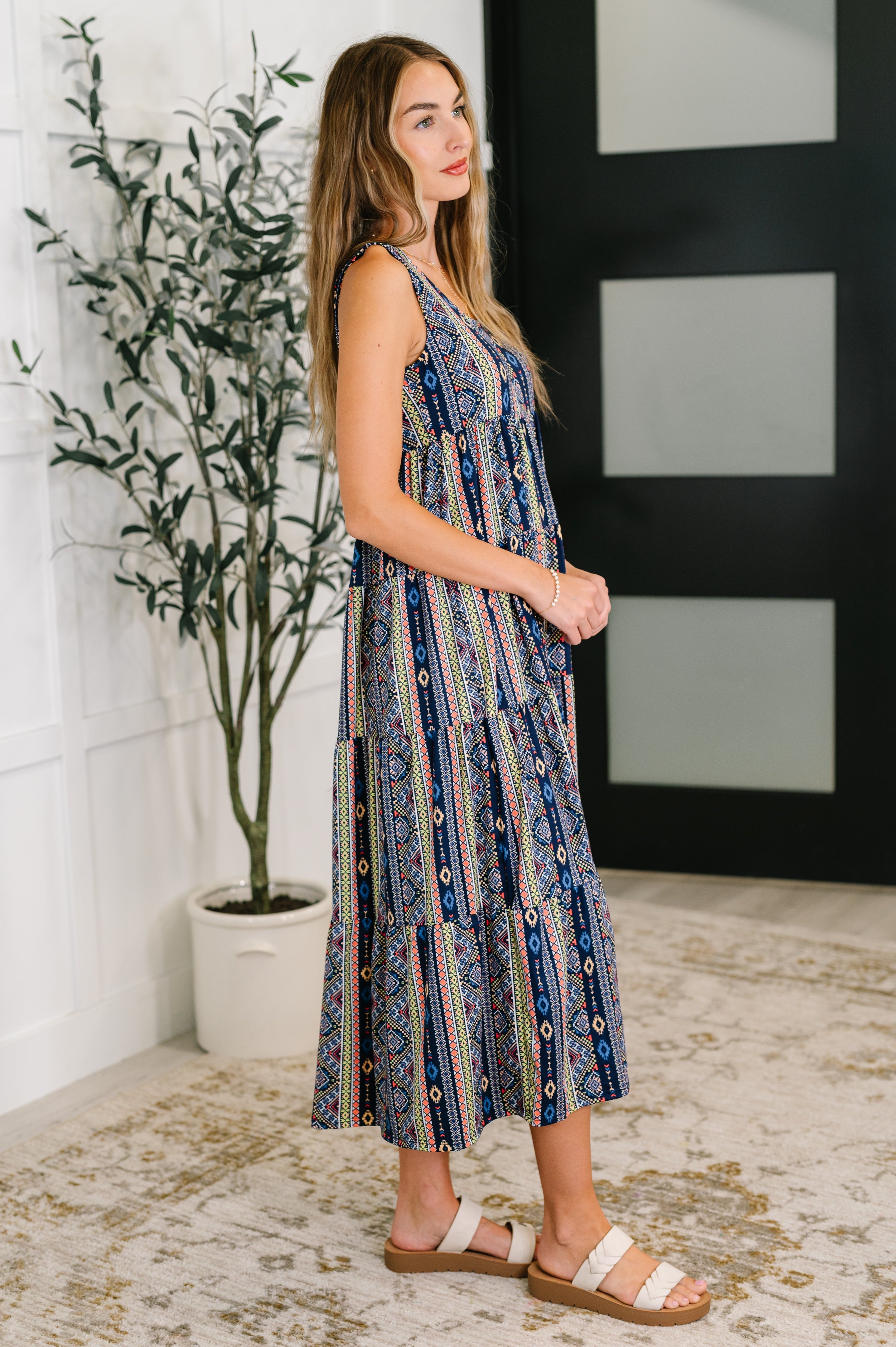 Sierra Spirit Gathered Tiered Dress in Navy Womens Ave Shops- Tilden Co.