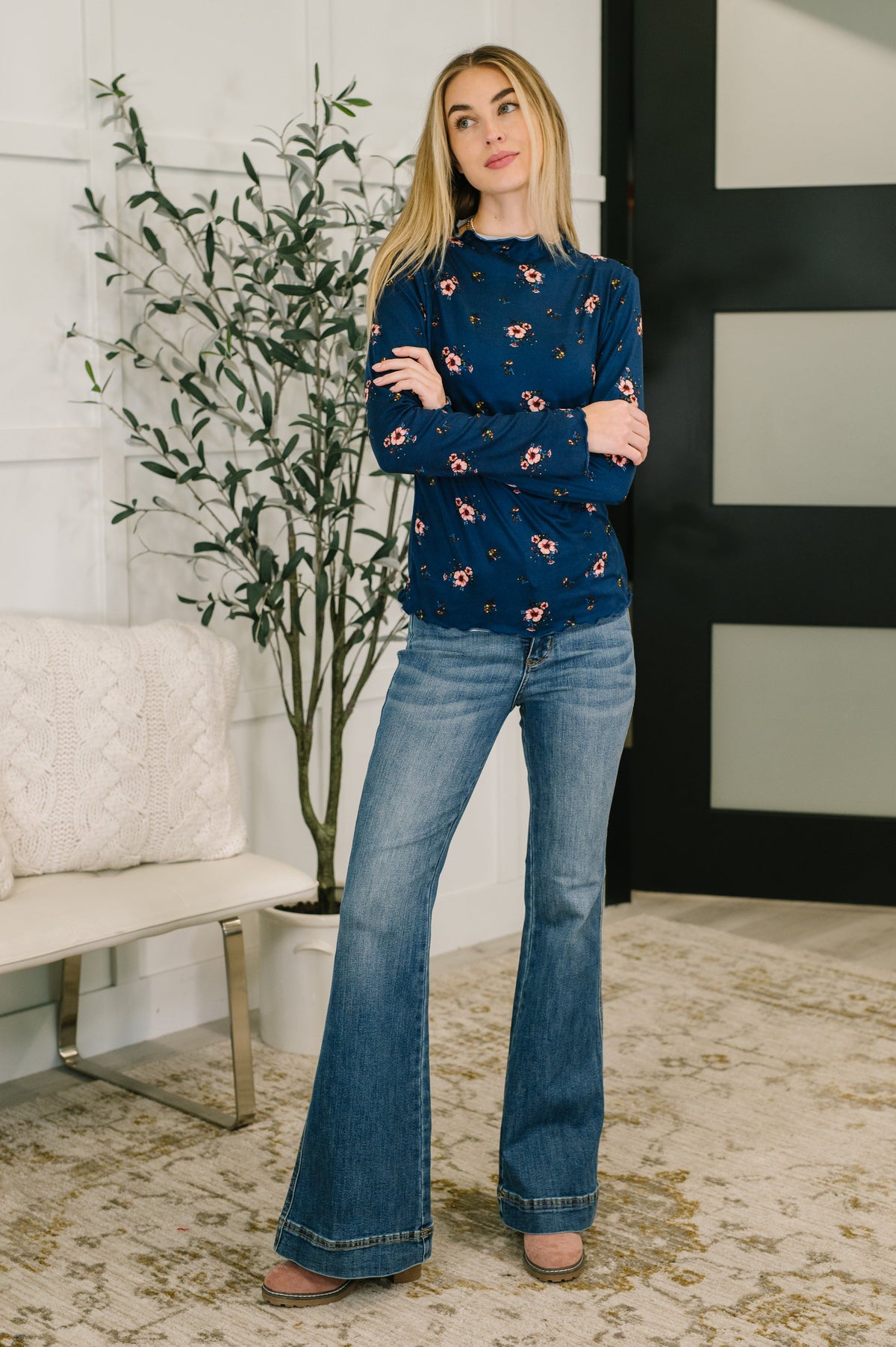 Something in the Air Lettuce Hem Longsleeve Top in Navy Womens Ave Shops- Tilden Co.