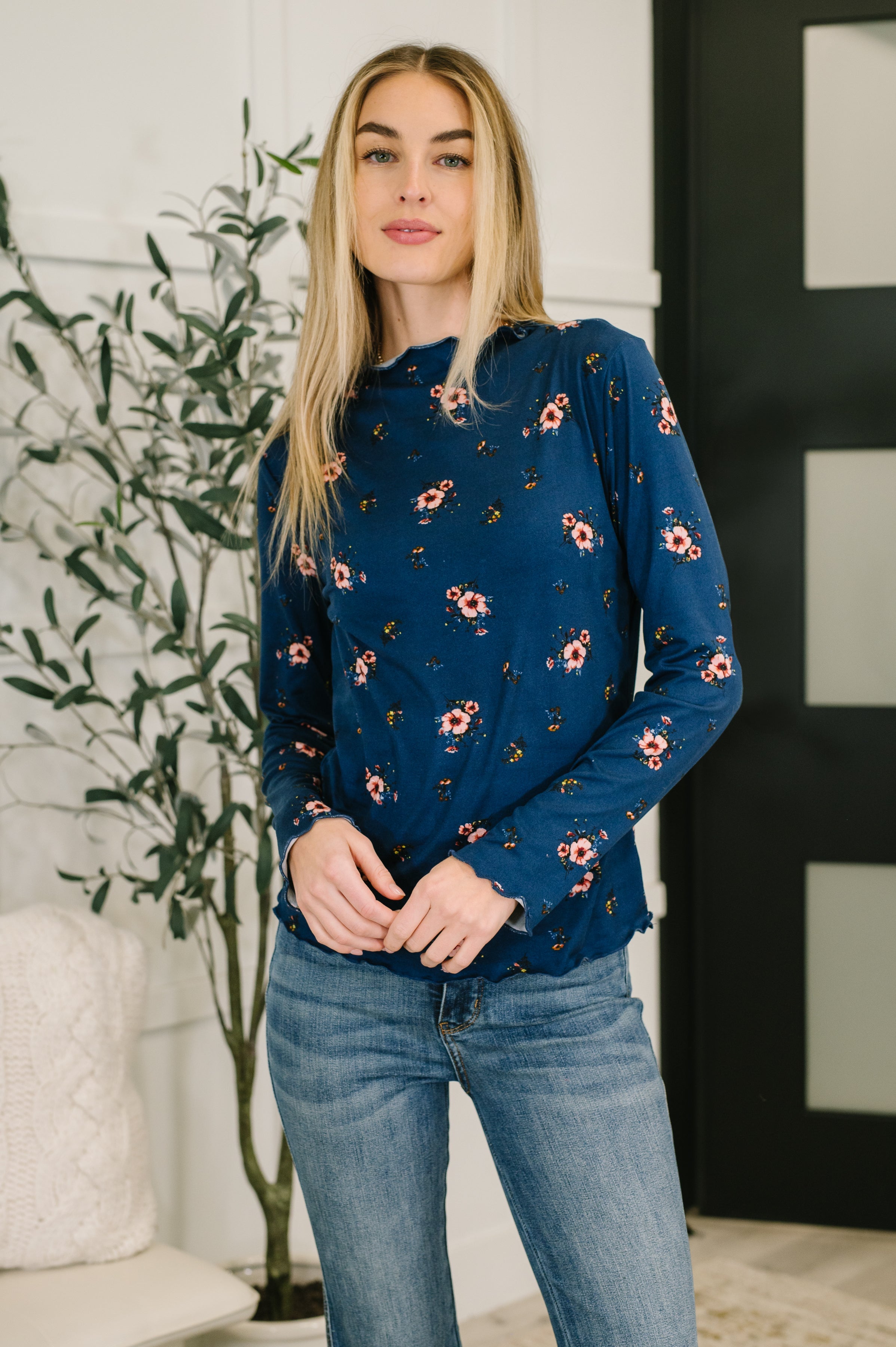 Something in the Air Lettuce Hem Longsleeve Top in Navy Womens Ave Shops- Tilden Co.