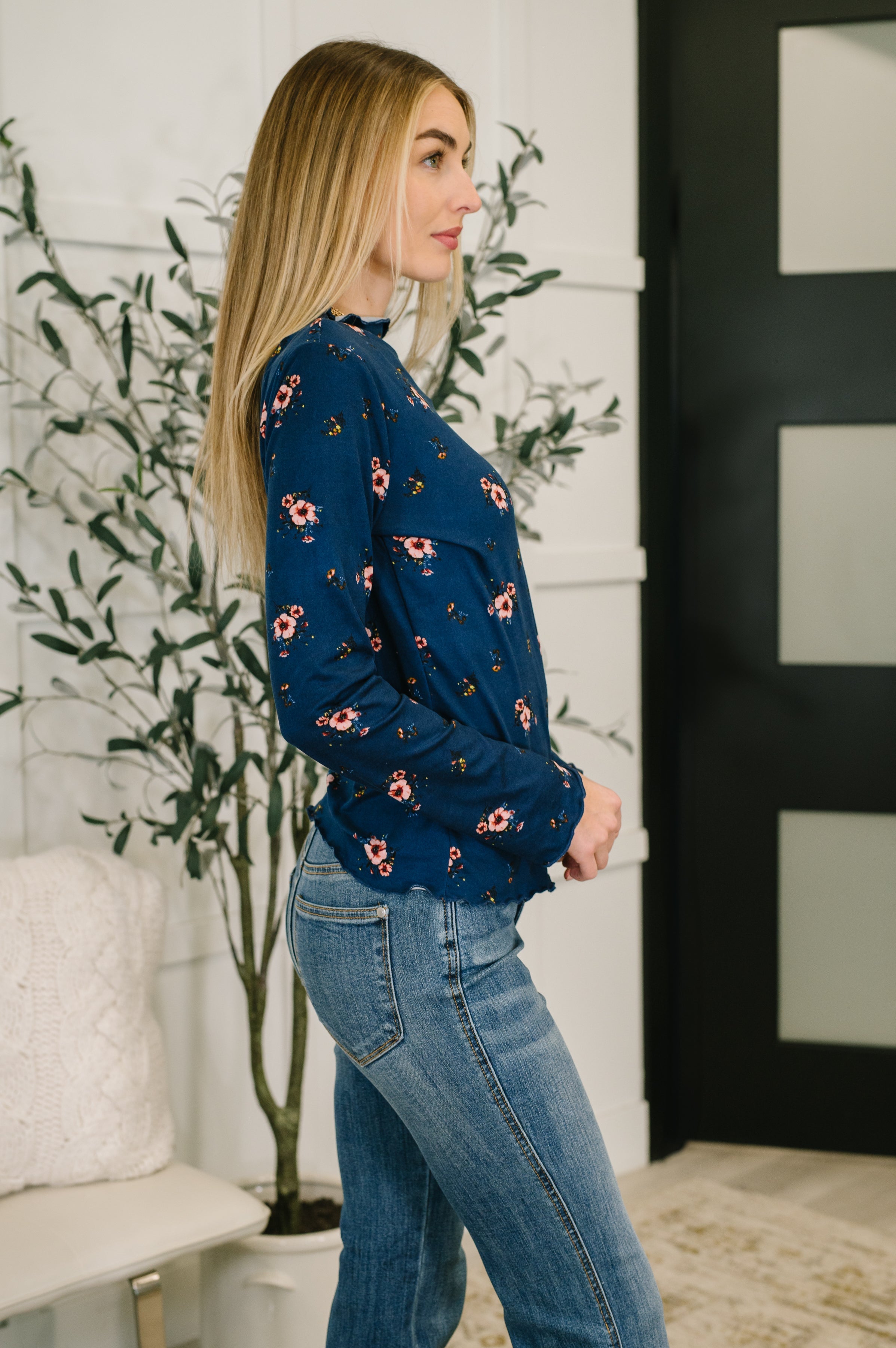 Something in the Air Lettuce Hem Longsleeve Top in Navy Womens Ave Shops- Tilden Co.