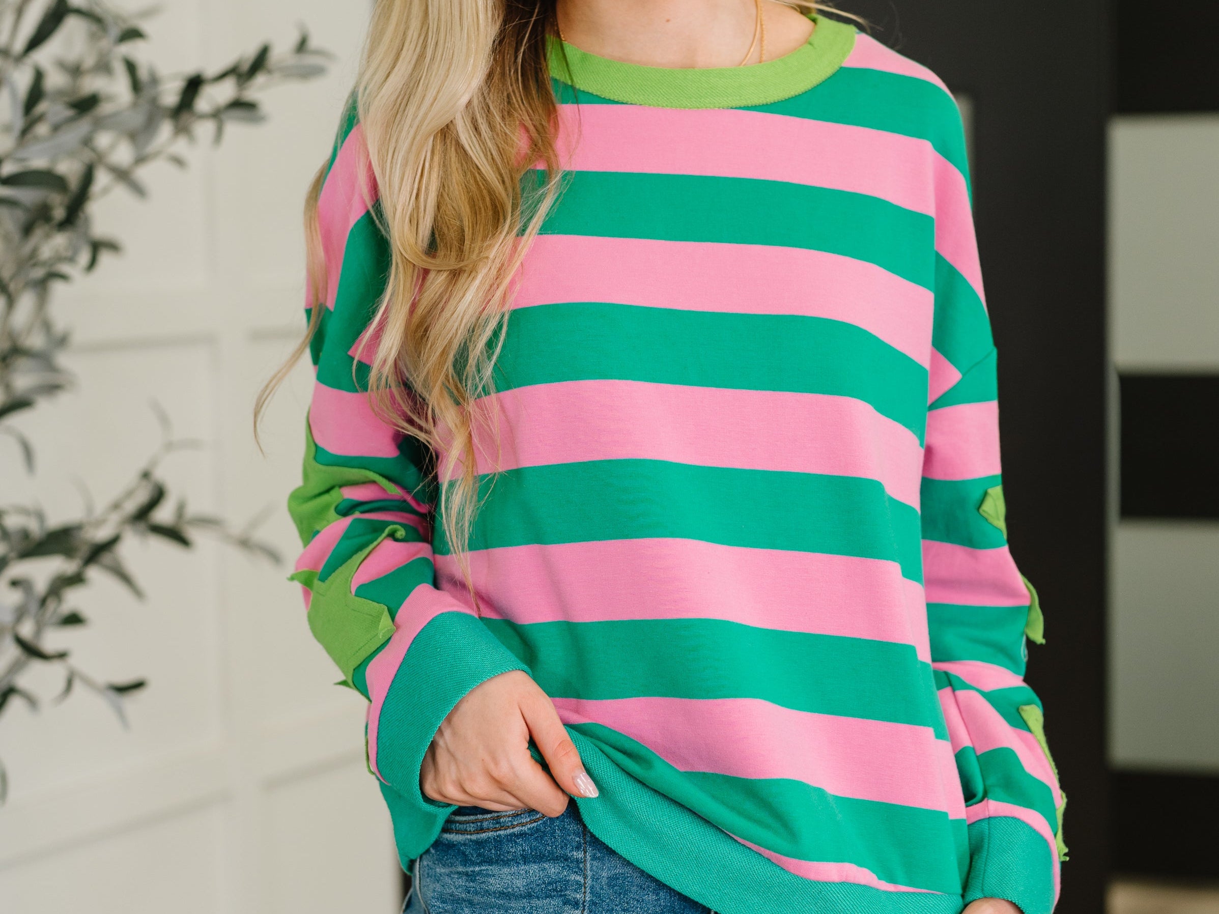 Stars On Stripes Patchwork Striped Sweatshirt Womens Ave Shops- Tilden Co.