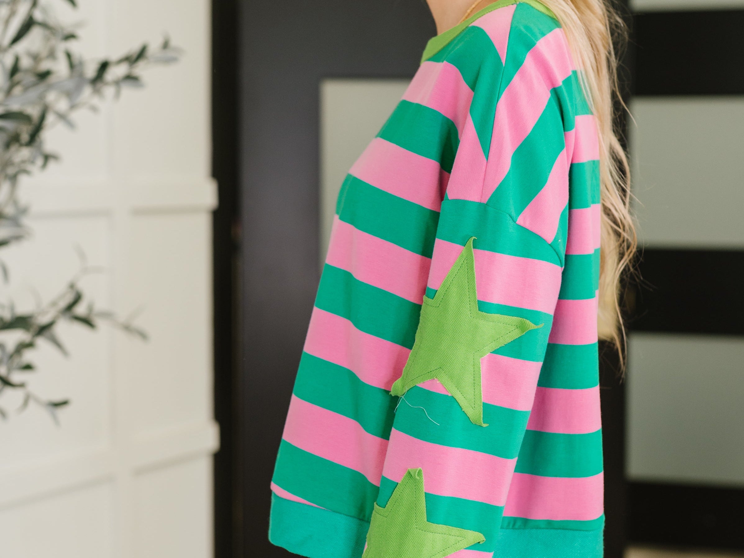 Stars On Stripes Patchwork Striped Sweatshirt Womens Ave Shops- Tilden Co.