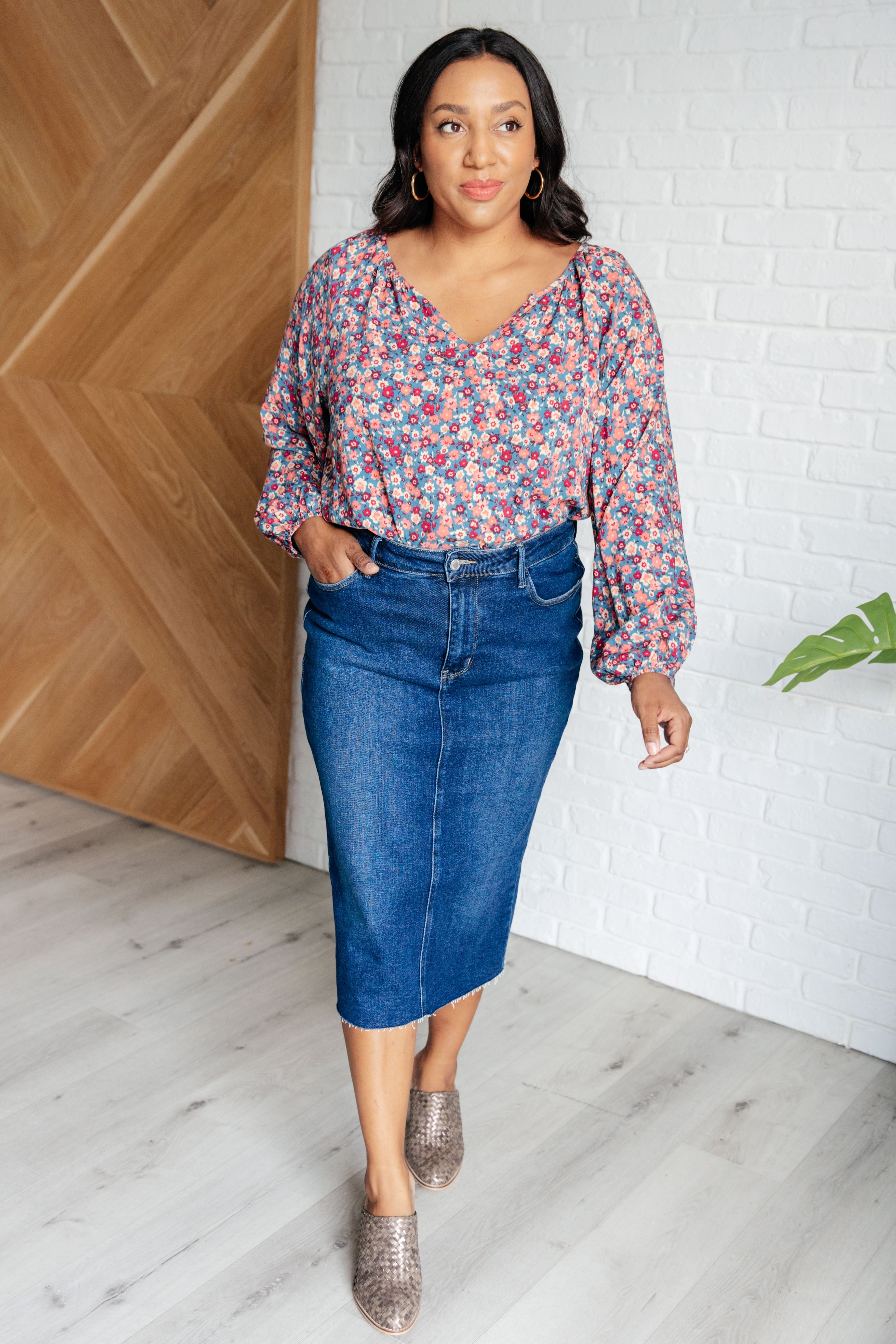 Sunday Brunch Blouse in Denim Floral Tops Ave Shops- Tilden Co.