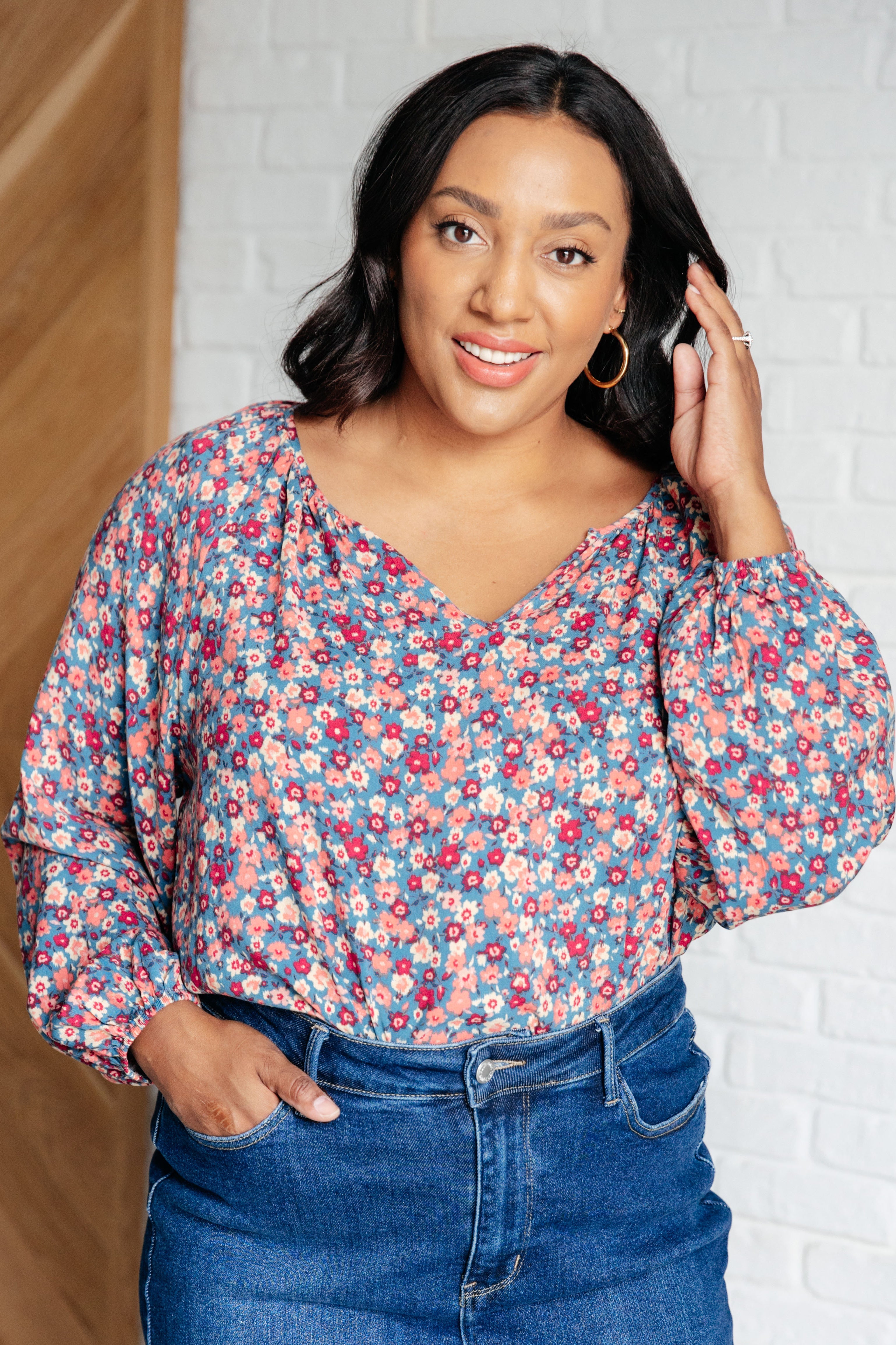 Sunday Brunch Blouse in Denim Floral Tops Ave Shops- Tilden Co.